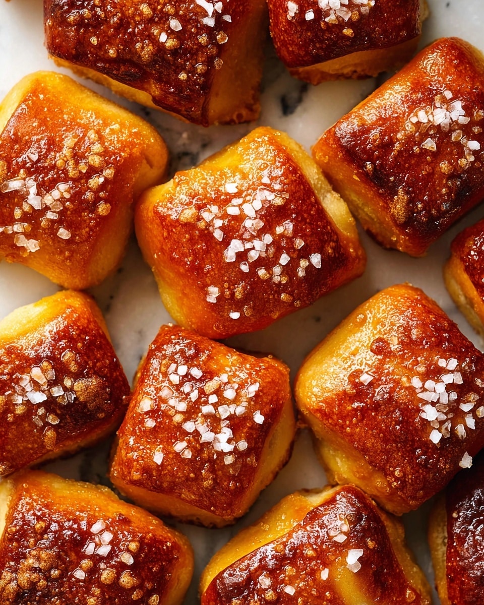 A close-up view of several golden brown, square-shaped soft pretzel bites, each topped with coarse salt crystals. The pretzel bites have a shiny, slightly crispy outer layer with a well-baked texture, showing some darker, toasted spots and a rich amber color. They are arranged closely together on a white marbled surface, capturing their warm and appetizing look. photo taken with an iphone --ar 4:5 --v 7