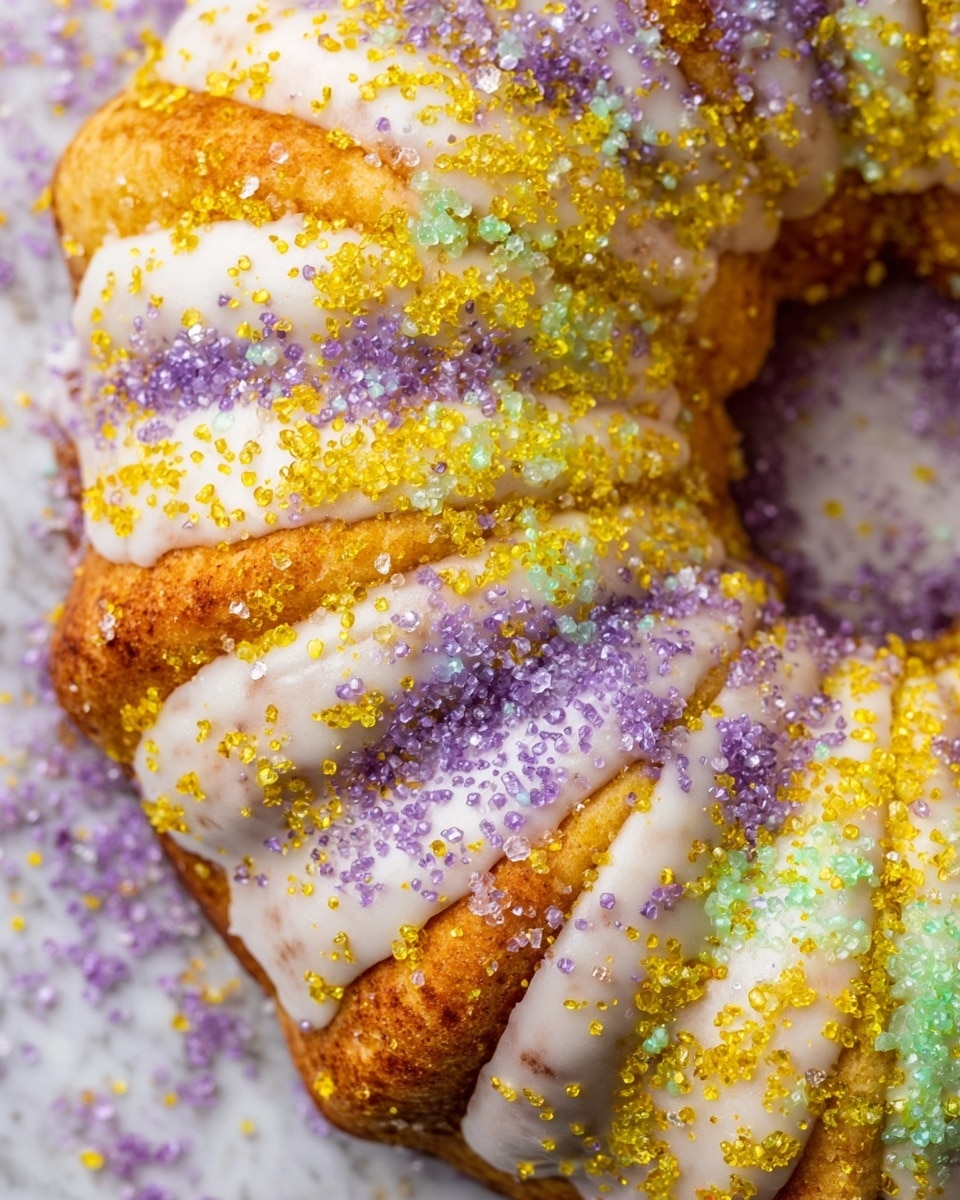 The image shows a close-up of a round pastry wreath with about three visible layers of golden-brown baked dough, each layer covered with white icing that has a smooth and slightly glossy texture. The icing is scattered with coarse, colorful sugar crystals in yellow, light green, and lavender shades, giving a sparkling effect. The wreath is placed on a white marbled textured surface with more sugar crystals scattered in the center of the ring. The overall look is vibrant and festive, showing the contrast between the warm dough and the cool colored sprinkles. Photo taken with an iphone --ar 4:5 --v 7