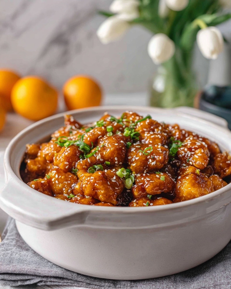 The image shows a large white ceramic bowl filled with bite-sized pieces of chicken coated in a glossy, thick, orange-brown sauce. The chicken pieces are coated evenly and look crispy under the sauce. The dish is topped with a scatter of white sesame seeds and chopped green onions, adding both color and texture. The bowl is placed on a soft grey cloth, with a blurry background of a white marbled surface and some out-of-focus elements including a vase with white tulips and a bowl of oranges. photo taken with an iphone --ar 4:5 --v 7