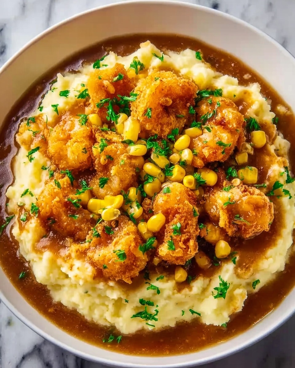 A white bowl filled with a smooth layer of creamy mashed potatoes, pale yellow in color, takes up the base. On top, there is a rich brown gravy poured around and over crispy, golden-brown fried shrimp pieces that have a crunchy texture. Scattered across the dish are bright yellow corn kernels adding color and small green parsley bits sprinkled evenly for contrast. The bowl sits on a white marbled surface. Photo taken with an iphone --ar 4:5 --v 7