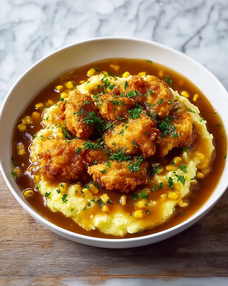 This image shows a white bowl filled with three main layers placed on a white marbled surface. The bottom layer is creamy yellow mashed potatoes spread evenly. On top of this is a layer of brown gravy with glossy texture, pooling around the edges and covering some spots. Scattered within the gravy are pieces of bright yellow corn kernels. The top layer consists of several pieces of golden-brown crispy fried chicken, sprinkled with small bright green chopped herbs. The colors are warm and inviting, with a mix of smooth and crunchy textures visible. Photo taken with an iphone --ar 4:5 --v 7