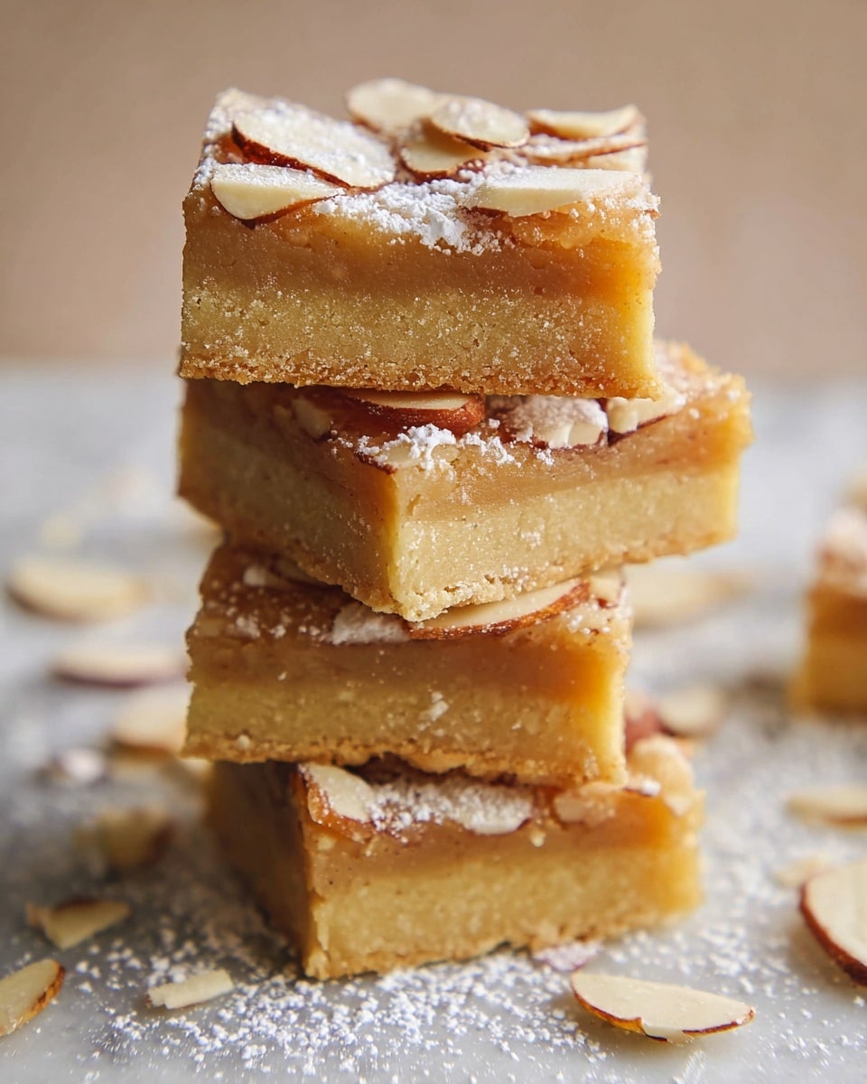 A close-up view of a tall stack of five square almond bars placed directly on a white marbled surface, each bar showing two layers: a golden brown base with a slightly crisp texture and a thick, pale almond filling on top, which is smooth and dense. The top layer of every bar is sprinkled with thin almond slices and powdered sugar, adding texture and a light dusting of white contrast. Some almond slices and powdered sugar are scattered around the base of the stack, enhancing the natural, rustic feel of the presentation. photo taken with an iphone --ar 4:5 --v 7