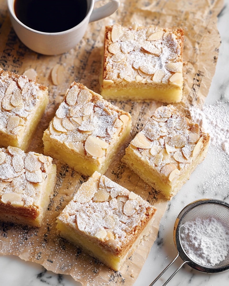 The image shows six rectangular almond squares with three layers visible: a light golden crust base, a creamy pale yellow filling in the middle, and a top layer covered with toasted almond slices sprinkled with white powdered sugar. The squares rest on parchment paper printed with musical notes, placed on a white marbled surface. A white cup filled with black coffee is seen on the top left, and a metal sifter with powdered sugar is on the right side. The almond slices add texture to the smooth, soft top layer, and the powdered sugar adds a fine snowy touch over all squares. Photo taken with an iphone --ar 4:5 --v 7