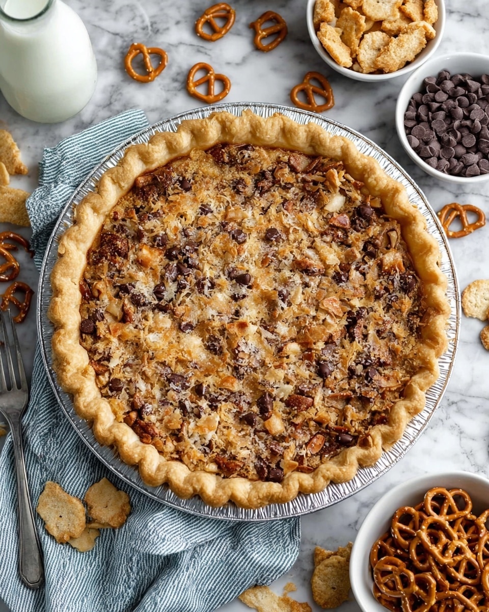 A close-up of a slice of pie on a white plate showing three main layers: a golden crust at the bottom, a gooey middle layer filled with caramel and melty chocolate chunks mixed with nuts, and a rough, crumbly top layer covered in toasted coconut flakes and more chocolate bits, with a slightly uneven texture. The background is a white marbled surface with a blurred second pie and a glass bottle filled with milk, creating a soft, inviting scene. Photo taken with an iphone --ar 4:5 --v 7