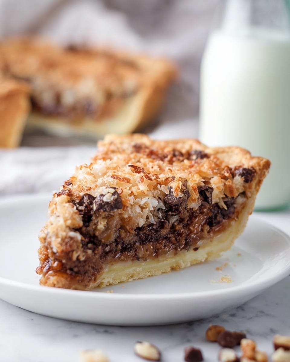 A round pie with a golden, crimped crust sits in a silver pie pan on a white marbled surface. The pie filling is a mix of chunky, toasted nuts, chocolate chips, and shredded coconut, showing tones of golden brown, dark brown, and off-white, all unevenly spread to create a textured top layer. Around the pie, there are broken pretzel pieces, scattered saltine crackers, a white bowl filled with chocolate chips, another white bowl with chopped nuts, and a glass bottle of milk. A striped blue and white cloth napkin is partly under the pie pan with a silver fork resting on it. Photo taken with an iphone --ar 4:5 --v 7