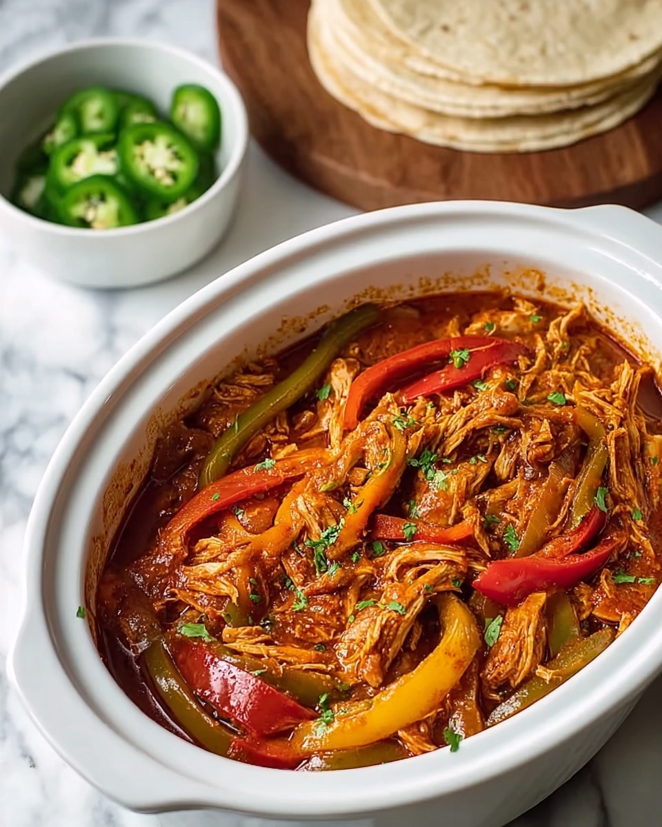 The dish is served in a white oval slow cooker filled with shredded chicken mixed with strips of cooked bell peppers in red, yellow, and green colors, and soft translucent onion slices, all covered in a rich reddish-brown sauce with small green parsley bits sprinkled on top. Behind the slow cooker, there is a small white bowl holding round slices of bright green jalapeños and a stack of beige flour tortillas resting on a round wooden board, all set on a white marbled surface. photo taken with an iphone --ar 4:5 --v 7
