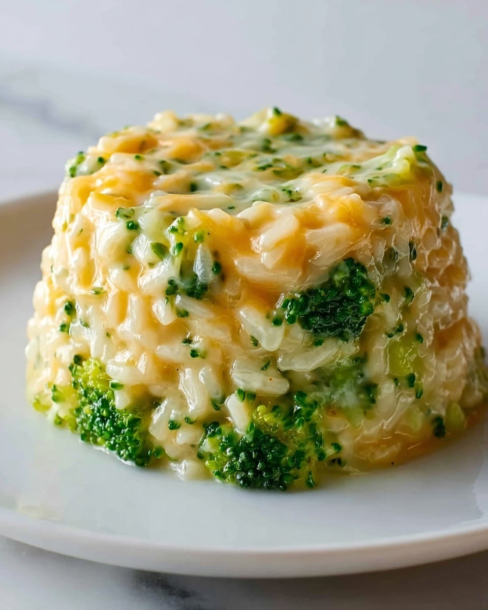 The image shows a single round mound of creamy broccoli and cheese rice on a white plate, placed on a white marbled surface. The mound has visible green broccoli pieces scattered throughout, giving bright green spots against a mixed light yellow and orange base of melted cheese and soft rice. The texture looks smooth and gooey with glossy cheese coating the rice and broccoli evenly. The broccoli texture is slightly rough while the rice is soft and plump. The top is slightly uneven but still rounded, with some cheese melting over the edges. Photo taken with an iphone --ar 4:5 --v 7