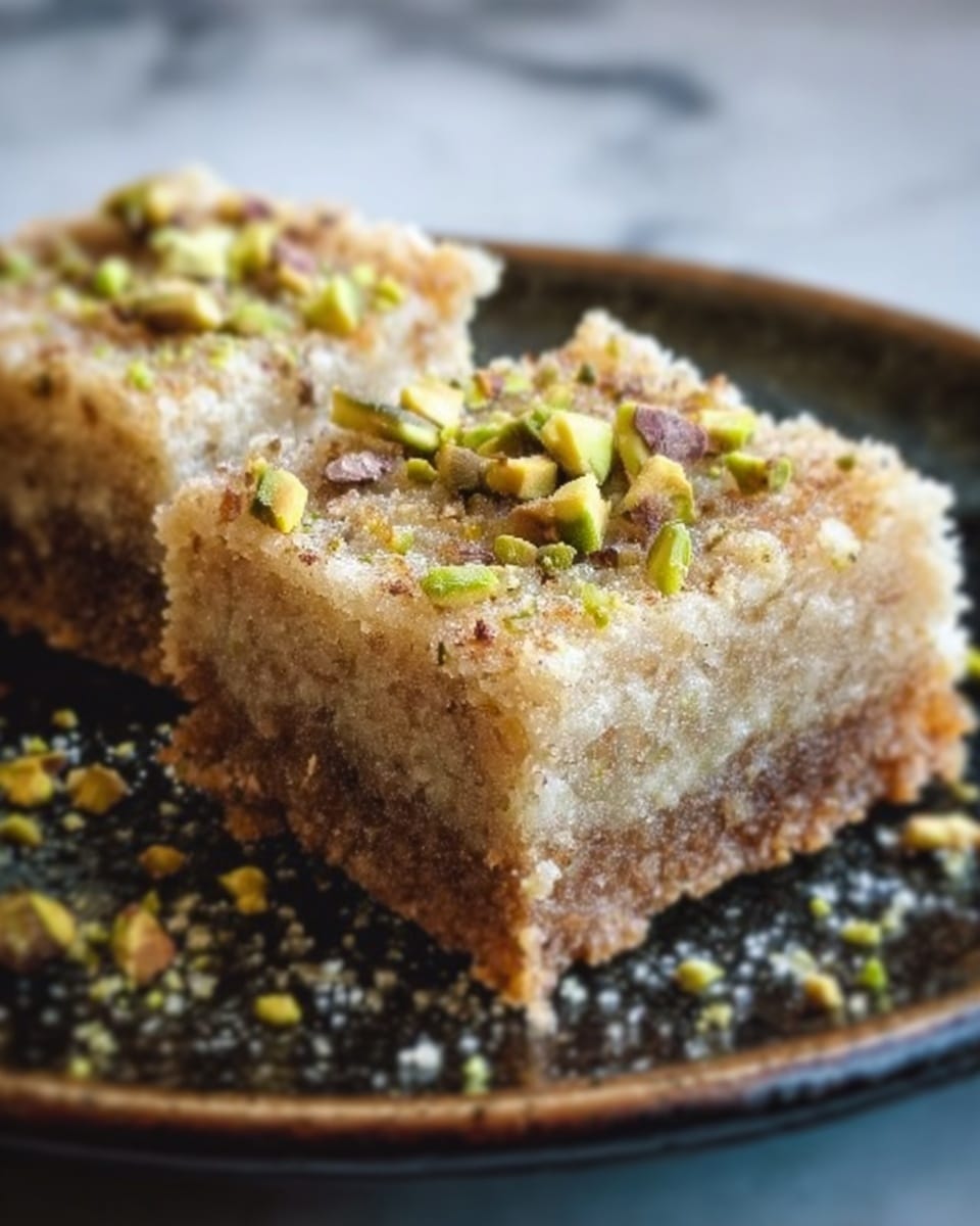 The image shows two square pieces of a crumbly, brown dessert with a slightly rough texture. The top layer is light brown with small green pistachio pieces sprinkled on it, adding a bit of color and texture. The dessert sits closely on a dark plate, which contrasts with the light colors of the sweet. The background is a white marbled surface, softly out of focus, bringing attention to the dessert. photo taken with an iphone --ar 4:5 --v 7