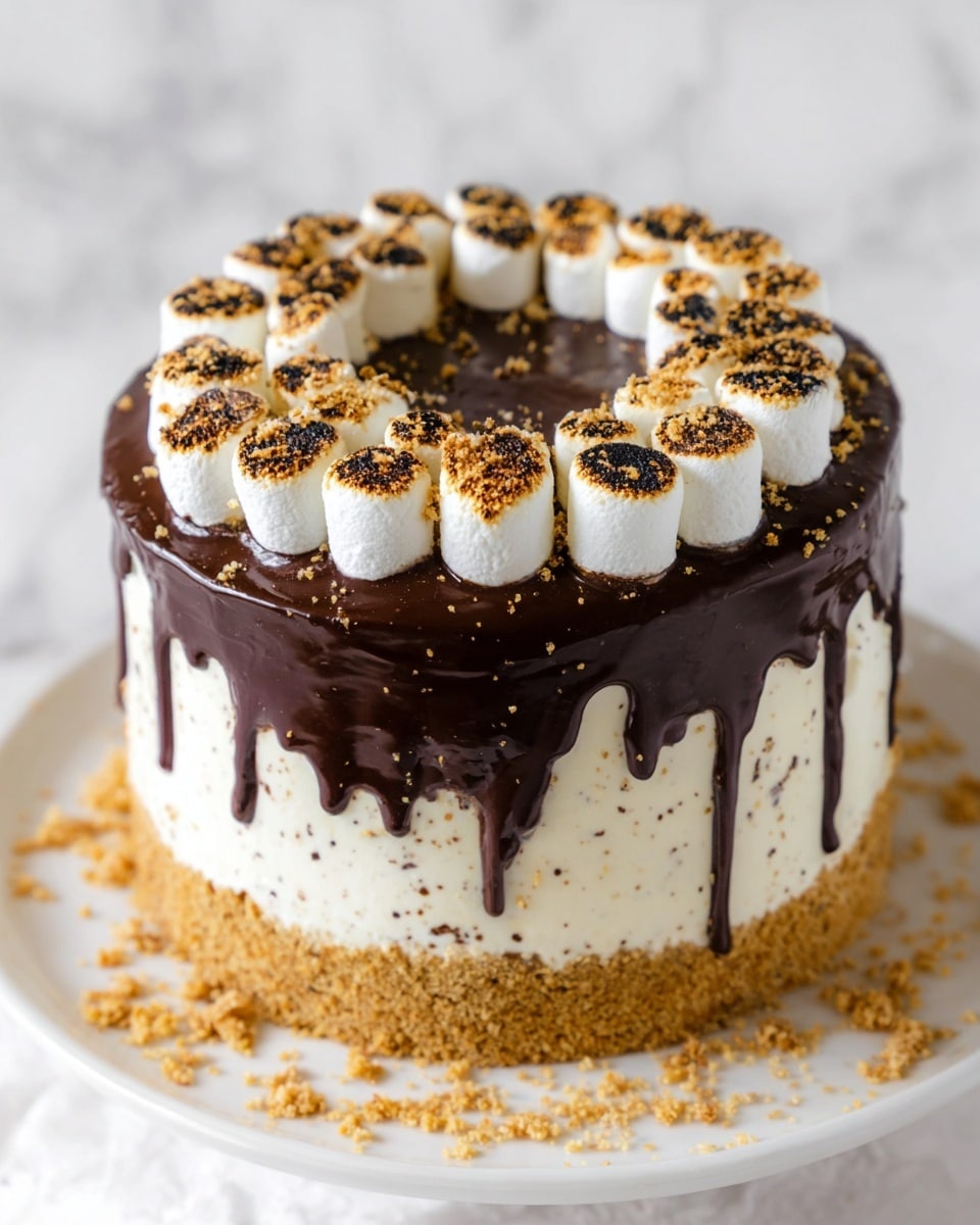 A close-up of a slice of three-layer dark chocolate cake on a white plate, showing alternating layers of thick dark chocolate cake, light cream, and golden crumbly biscuit. The outer edge is covered with glossy chocolate ganache that slightly drips down the side, and there are toasted mini marshmallows clustered on one side. The background is a white marbled surface with cake crumbs scattered around, and the cake slice is angled to show its texture clearly. Photo taken with an iphone --ar 4:5 --v 7