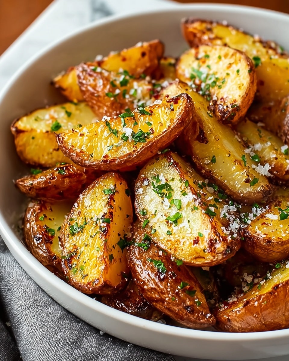 A white bowl filled with many roasted potato wedges, each cut in half showing a golden-yellow inside and crispy brown edges. The potatoes are sprinkled with green chopped herbs and coarse white salt grains, adding texture and color contrast. The bowl sits on a white marbled surface, with a gray cloth partially visible under the bowl’s left side. photo taken with an iphone --ar 4:5 --v 7