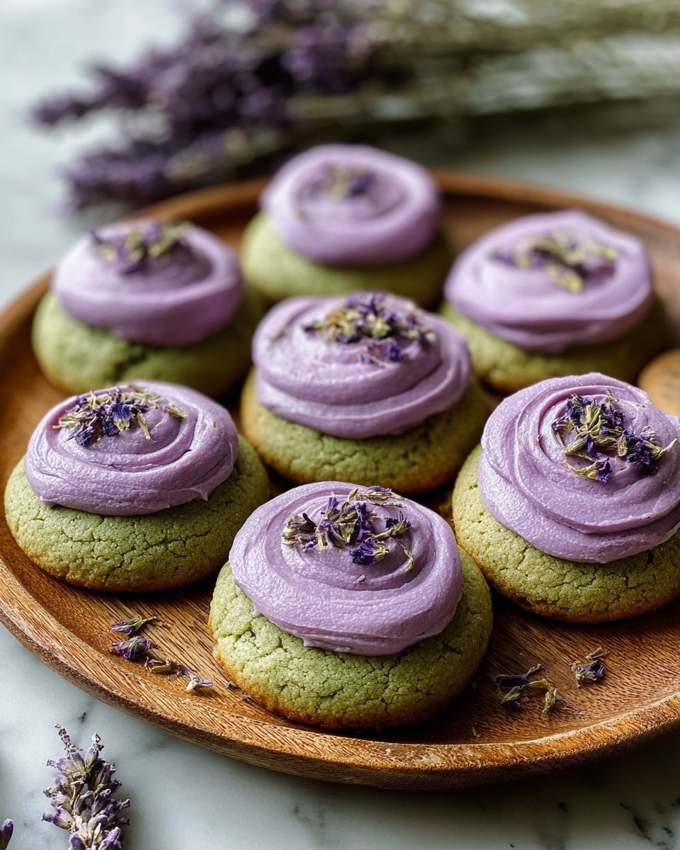 A round wooden tray holds six green cookies arranged in a loose circle on a white marbled surface. Each cookie has one layer of smooth, purple frosting spread in a circular shape on top, decorated with small dried purple flower petals sprinkled in the center. The green cookie base is thick and soft looking, while the frosting has a creamy texture. In the background, there are blurred sprigs of the same dried purple flowers. photo taken with an iphone --ar 4:5 --v 7