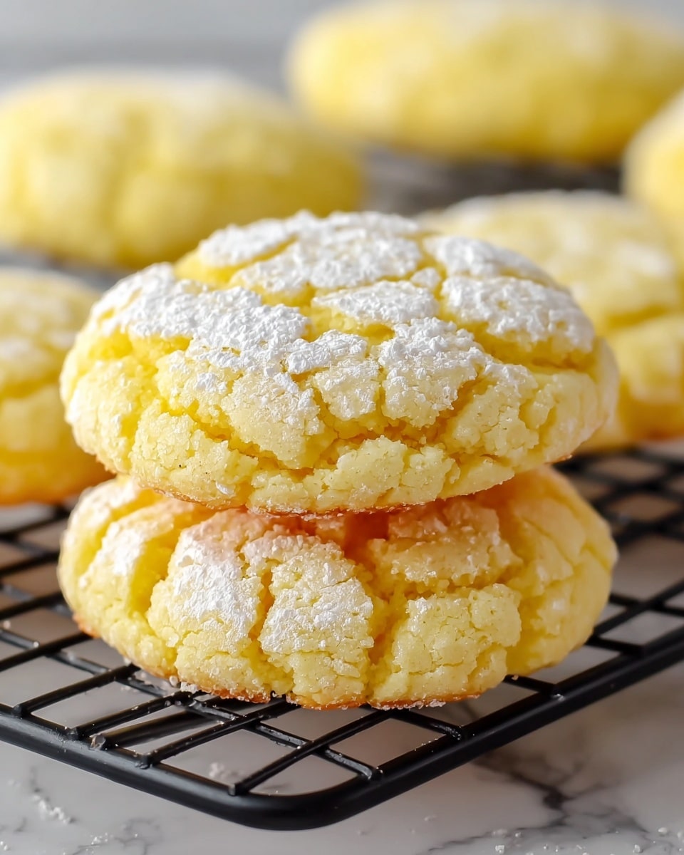 Two lemon cookies are stacked on top of each other on a black wire cooling rack, with more cookies blurred in the background. Each cookie is round, with a rough cracked surface showing a soft, crumbly yellow texture dusted with white powdered sugar. The edges are slightly browned, contrasting with the lighter yellow top. The photo is set against a white marbled surface. photo taken with an iphone --ar 4:5 --v 7