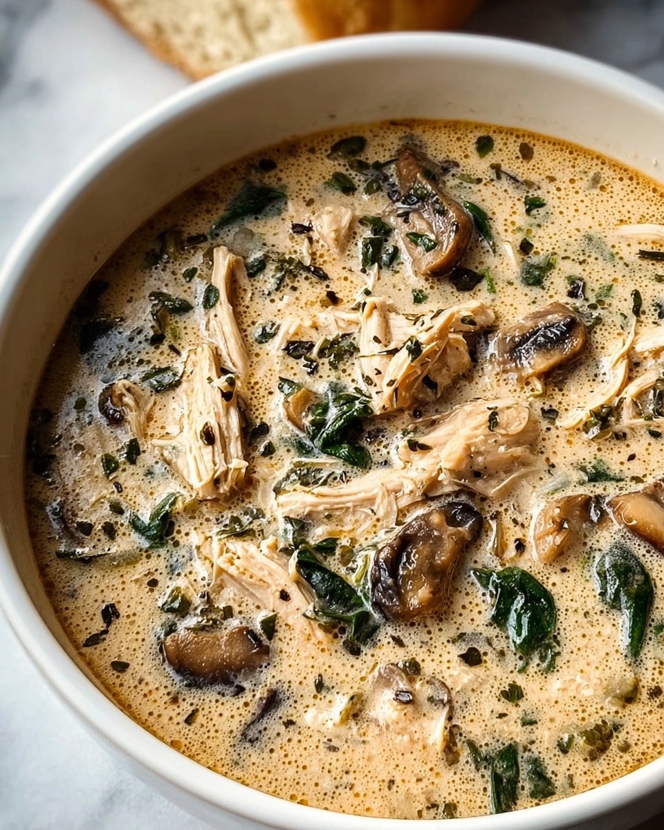 A close-up view of a white bowl filled with creamy soup that has a light beige color with a slightly frothy texture on the surface. The soup contains shredded pieces of light brown chicken, several slices of dark and light brown mushrooms, and scattered green spinach leaves throughout. Tiny specks of herbs are mixed in, giving a textured look to the surface. The bowl sits on a white marbled surface, and a piece of bread is partially visible in the background. photo taken with an iphone --ar 4:5 --v 7