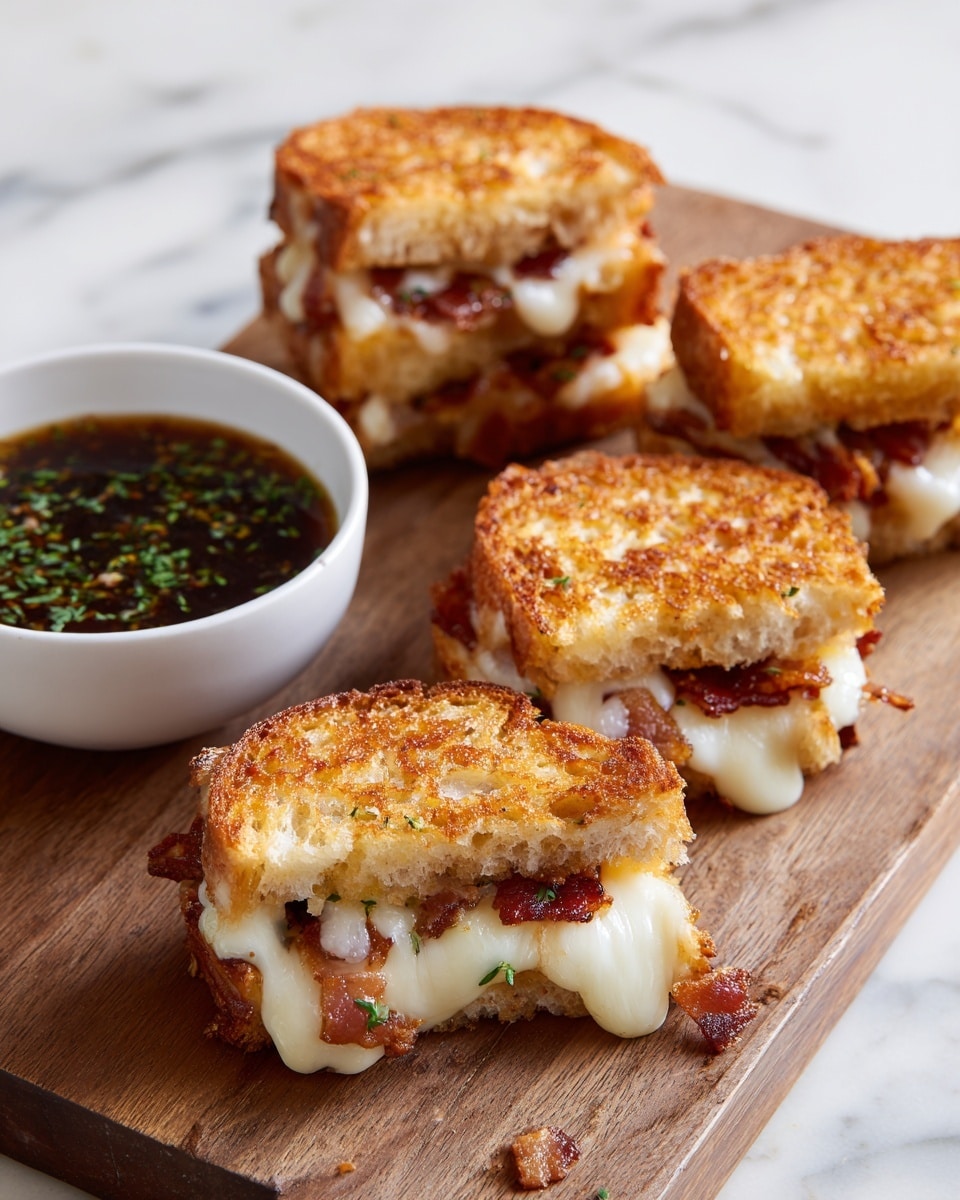 The image shows a wooden board holding four round sandwiches that are toasted to a golden brown with crispy edges; each sandwich is cut in half showing three layers—the top and bottom layers are thick, golden-brown toasted bread with a slightly rough texture, and the middle layer is white melted cheese oozing out, mixed with reddish brown bacon pieces that look crispy. Next to the sandwiches on the left side is a white bowl filled with a dark dipping sauce with green herbs sprinkled on top. The scene is set on a white marbled textured surface photo taken with an iphone --ar 4:5 --v 7
