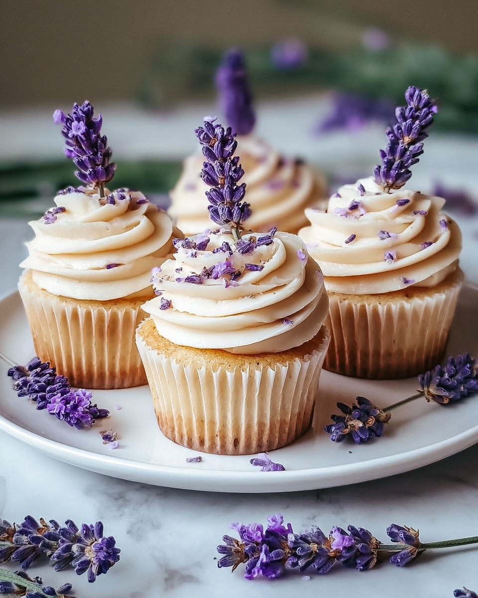 The image shows four light golden cupcakes arranged on a white plate set on a white marbled surface. Each cupcake has one layer of pale creamy frosting swirled on top, with small purple lavender flower buds sprinkled over the frosting. At the center of the frosting on each cupcake, there is a small bunch of fresh, vivid purple lavender flowers standing upright. Around the plate and surface, additional sprigs of lavender with deep purple buds add a natural touch. The background is soft and blurred with green stems that match the lavender flowers, creating a calm and fresh feel. photo taken with an iphone --ar 4:5 --v 7
