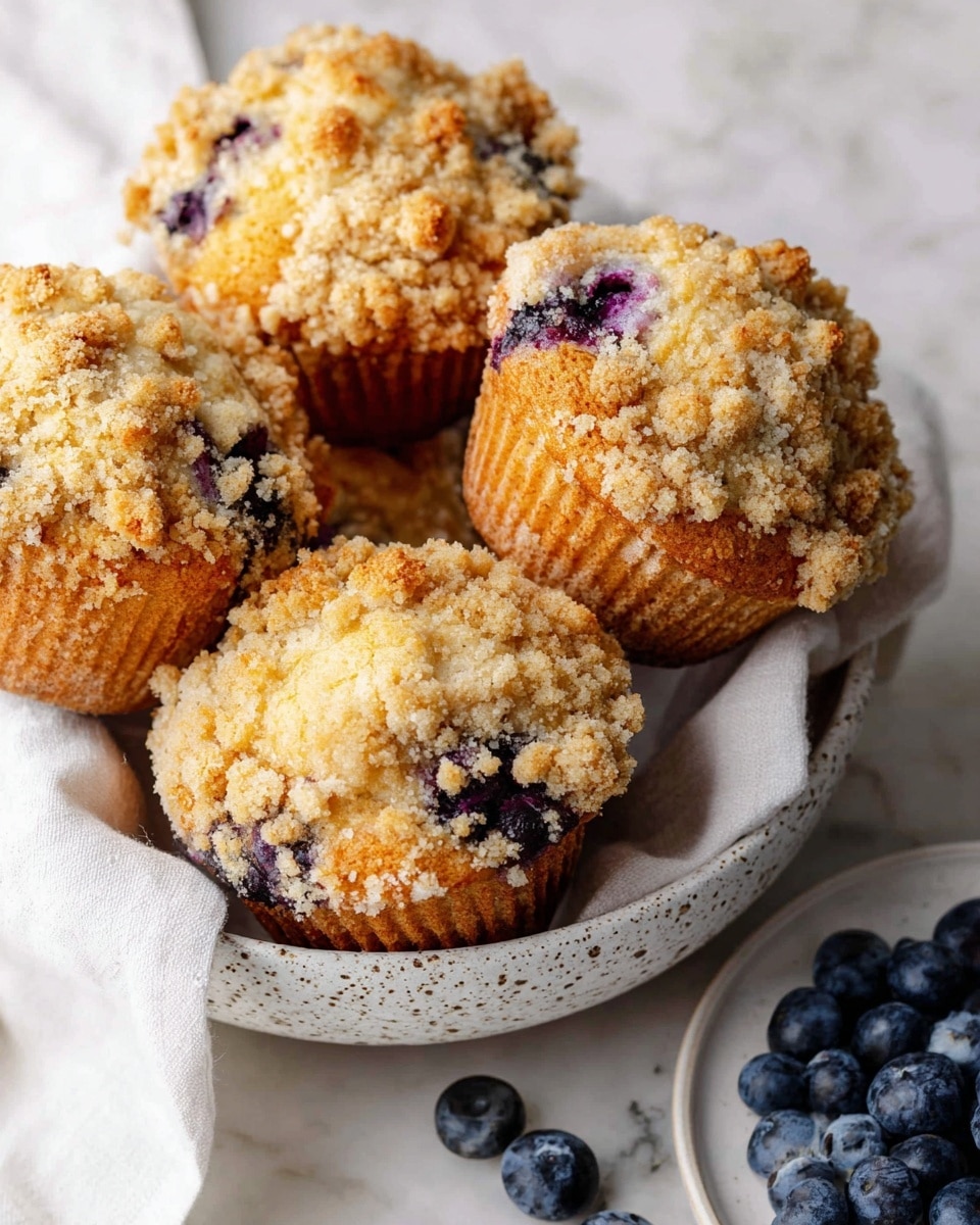 Four golden brown blueberry muffins with crumbly streusel topping are arranged closely in a white speckled bowl lined with a white cloth. The muffins have visible purple blueberries peeking through the slightly crispy edges. Scattered fresh blueberries add a pop of deep blue color to the right side on a small white plate and the white marbled surface. The light texture of the crumb topping contrasts with the soft, moist cake beneath. Photo taken with an iphone --ar 4:5 --v 7