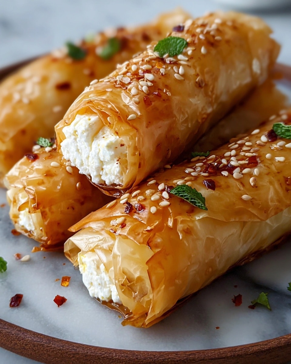 The image shows four golden brown phyllo dough rolls filled with white, crumbly cheese. Each roll is wrapped in thin, crispy layers of phyllo, brushed with shiny oil or butter, and sprinkled with white sesame seeds and small green herb leaves on top. There are also red chili flakes scattered over the rolls, adding a light touch of color. The rolls are placed close together on a round white plate with a white marbled surface underneath. The texture of the phyllo is flaky and delicate with a slight gloss, and the cheese inside appears soft and creamy. Photo taken with an iphone --ar 4:5 --v 7