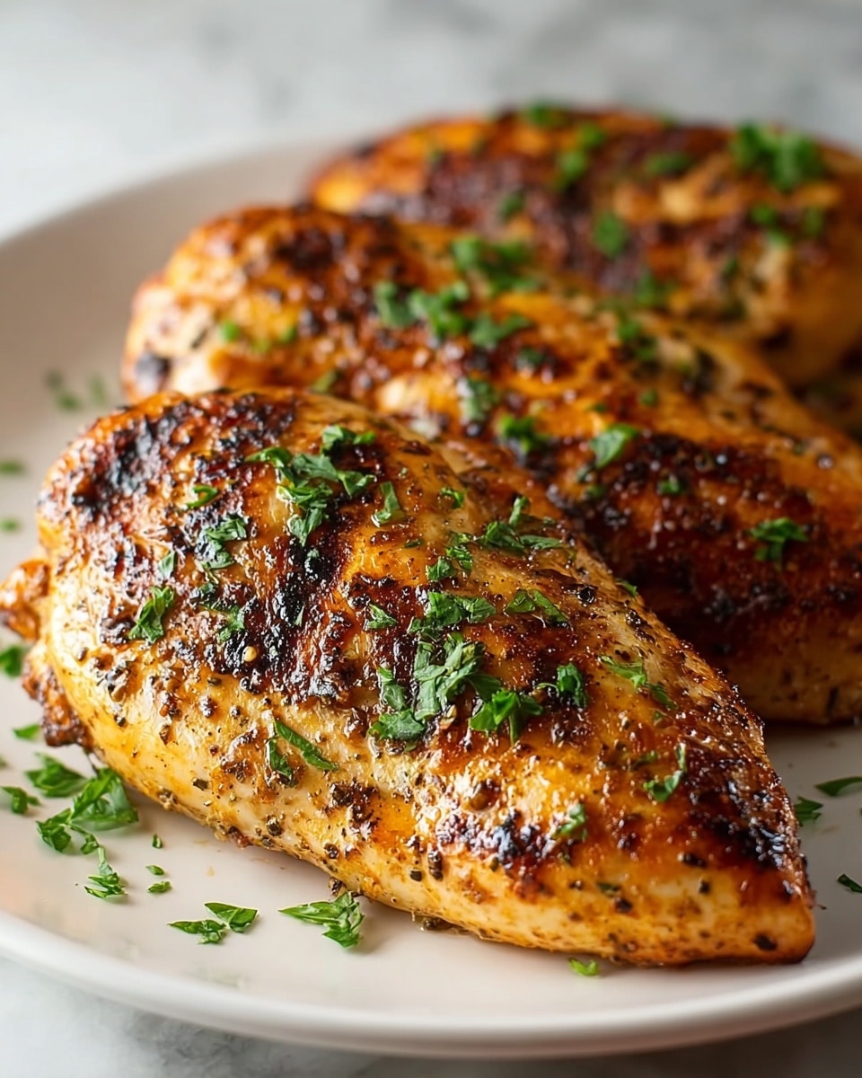 The image shows three pieces of grilled chicken breast on a white plate, arranged close to each other with the front piece in clear focus. Each chicken breast has a golden brown color with dark grill marks and a slightly crispy texture, seasoned with black pepper and herbs. Small bright green chopped parsley leaves are sprinkled evenly on top and around the chicken, adding a fresh contrast to the warm tones of the meat. The plate sits on a white marbled surface, giving a clean and simple background. Photo taken with an iphone --ar 4:5 --v 7