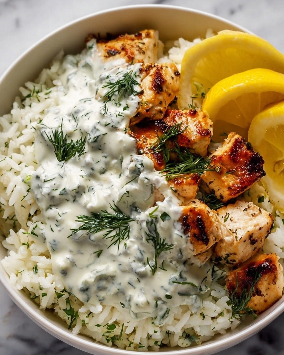 The image shows a white bowl filled with three main layers. The bottom layer is white rice mixed with small green herb pieces, giving it a soft and slightly fluffy texture. The middle layer has grilled chicken cubes with golden-brown grill marks and scattered fresh green dill leaves on top. The top layer is a thick, creamy white sauce with more chopped green herbs mixed in, covering part of the chicken. On the right side of the bowl, two bright yellow lemon wedges are placed beside the creamy sauce and rice. The bowl sits on a white marbled surface. photo taken with an iphone --ar 4:5 --v 7
