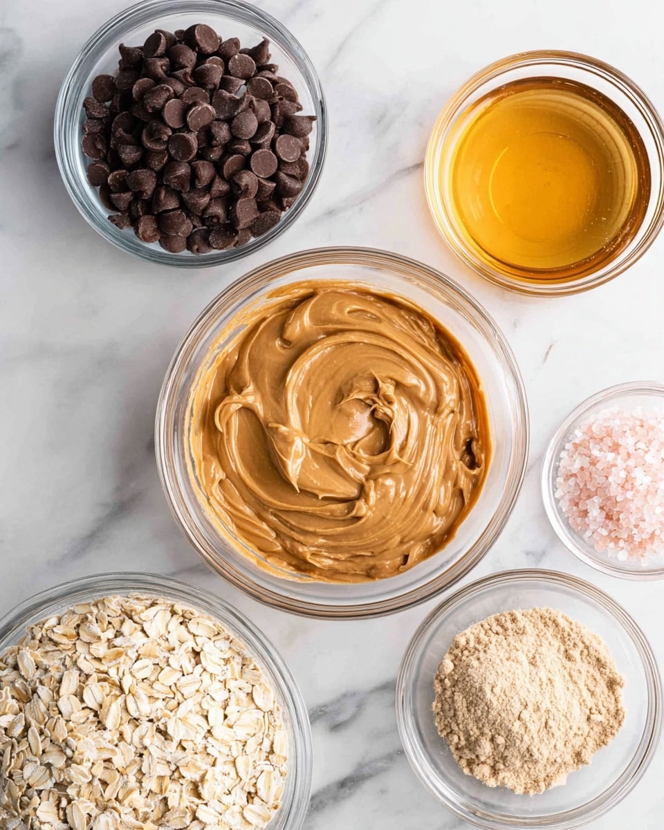 Five clear glass bowls are arranged on a white marbled surface. The center bowl contains smooth, light brown peanut butter with visible swirls on top. Around it, there is a bowl of shiny, dark brown chocolate chips on the left, a bowl of golden honey at the top center, a bowl of beige oat flakes at the bottom left, a bowl of light tan protein powder at the bottom right, and a small bowl with fine pink salt crystals at the top right. The bowls are evenly spaced and the lighting is bright, showing clear textures of each ingredient. Photo taken with an iphone --ar 4:5 --v 7