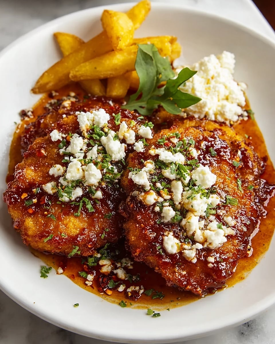 The dish shows two golden brown fried patties placed side by side on a white plate with a white marbled texture surface below. Both patties are covered in a reddish-brown spicy sauce that glistens and has some chili flakes. On top of the patties, there are small white crumbles of cheese and a sprinkling of bright green chopped herbs. To the right of the patties, there is a small mound of soft, crumbly white cheese, and behind the patties are a few golden yellow fried potato wedges. A small green leafy garnish adds a touch of freshness near the potatoes. Photo taken with an iphone --ar 4:5 --v 7