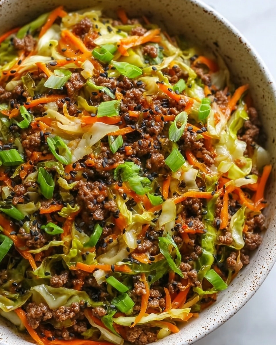 A close-up view of a dish featuring a single layer of cooked ground beef mixed with thin, slightly wilted strips of light green cabbage and bright orange carrot pieces, all scattered evenly across the surface. Small black sesame seeds and fresh green scallion pieces are sprinkled on top, adding texture and pops of color. The ingredients have a shiny, slightly oily texture, suggesting they are stir-fried, and are served in a white speckled bowl placed on a white marbled surface. Photo taken with an iphone --ar 4:5 --v 7
