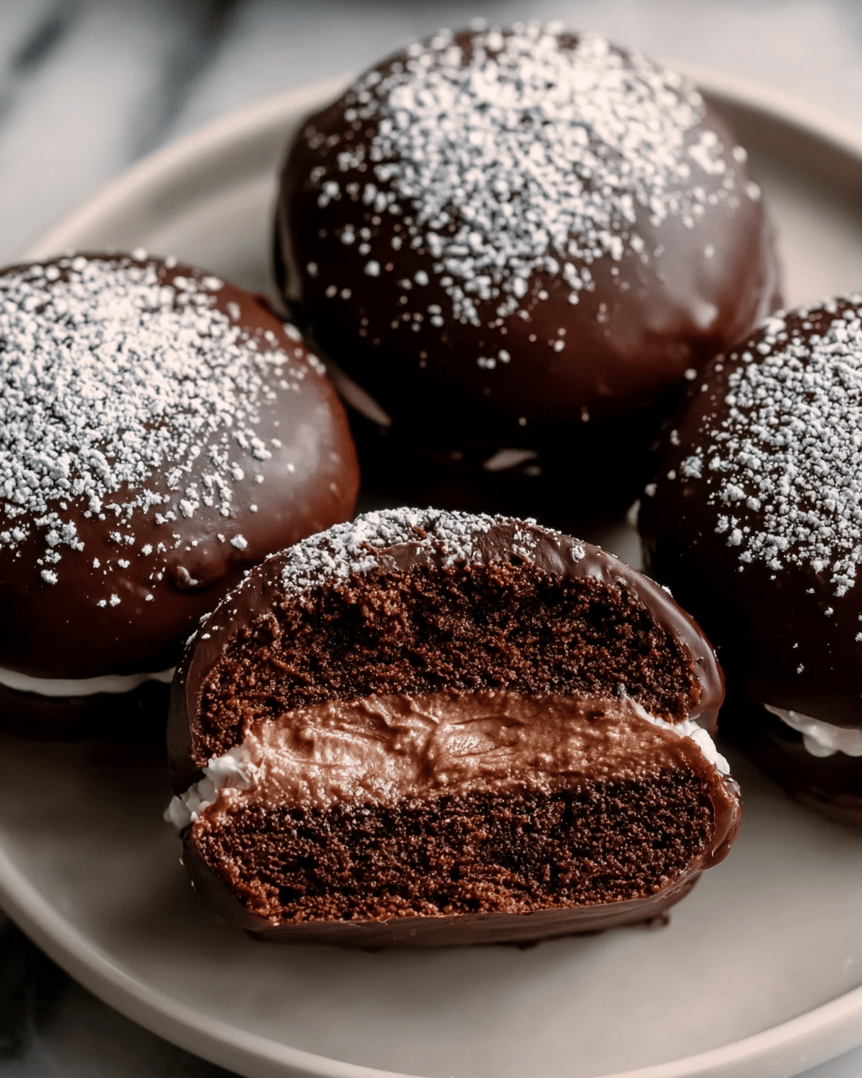 A close-up of four round chocolate-covered desserts on a white plate, each coated with a smooth, glossy dark chocolate layer and dusted with fine white powdered sugar on top. One dessert is cut open, showing two thick dark chocolate cake layers sandwiching a rich, creamy milk chocolate filling with a smooth texture. The background has a white marbled texture, adding a subtle contrast to the dark tones of the desserts. Photo taken with an iphone --ar 4:5 --v 7