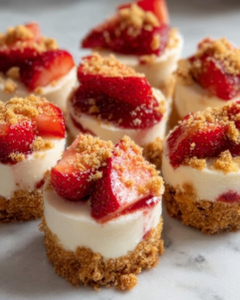 The image shows small round dessert bites, each with three layers, placed closely together on a white marbled surface. The bottom layer is a crumbly, golden brown crust with a rough texture. Above it is a smooth, white cream layer which looks soft and fluffy. On top, there are bright red strawberry pieces that are juicy and fresh, some cut in half to show their inside. The dessert bites are topped with small bits of crumb crust sprinkled unevenly, adding a crunchy texture on the top. Photo taken with an iphone --ar 4:5 --v 7