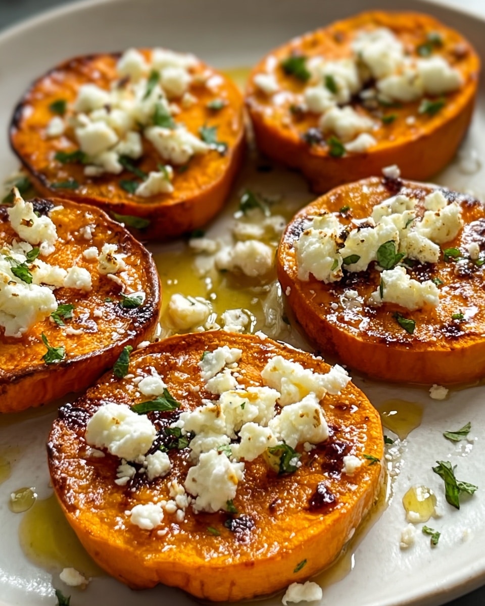 The image shows five round slices of roasted orange sweet potato arranged on a white plate with a white marbled texture background. Each sweet potato slice has a slightly browned, caramelized surface with a soft, textured inside. On top of each slice, there are small dollops of white, crumbly goat cheese scattered unevenly. Tiny bits of green herbs are sprinkled over the cheese and the sweet potatoes, adding contrast. A light drizzle of golden olive oil glistens on and around the slices, creating a shiny appearance. The photo taken with an iphone --ar 4:5 --v 7