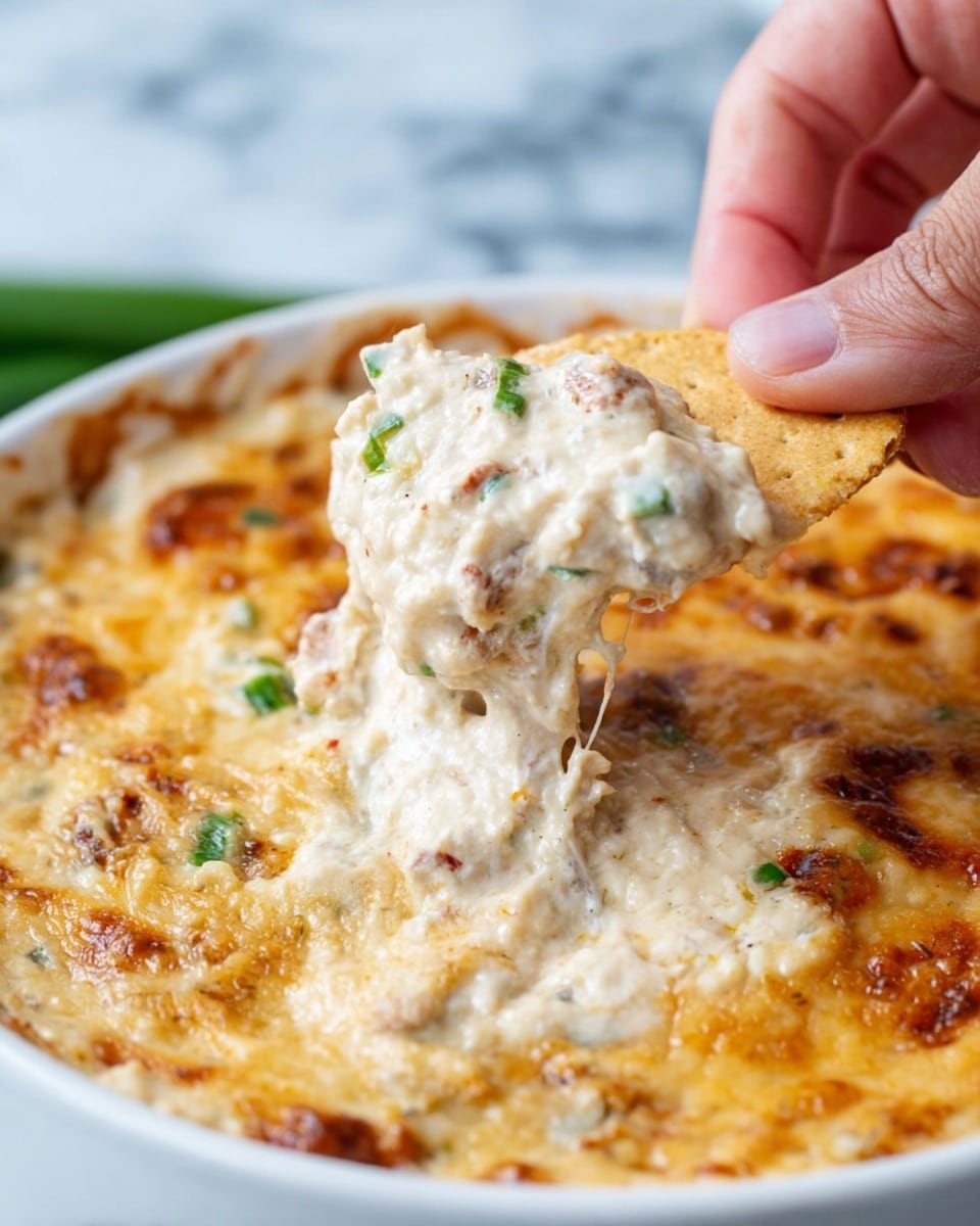 A close-up image of a white bowl filled with creamy, light beige dip that has a slightly chunky texture with small green and red bits visible inside. The top layer is golden brown and bubbly, likely melted cheese, with some green garnish sprinkled on it. A woman's hand is lifting a triangular, light brown cracker covered thickly with the creamy dip, showing a stretchy cheese effect. The background shows a white marbled texture. photo taken with an iphone --ar 4:5 --v 7