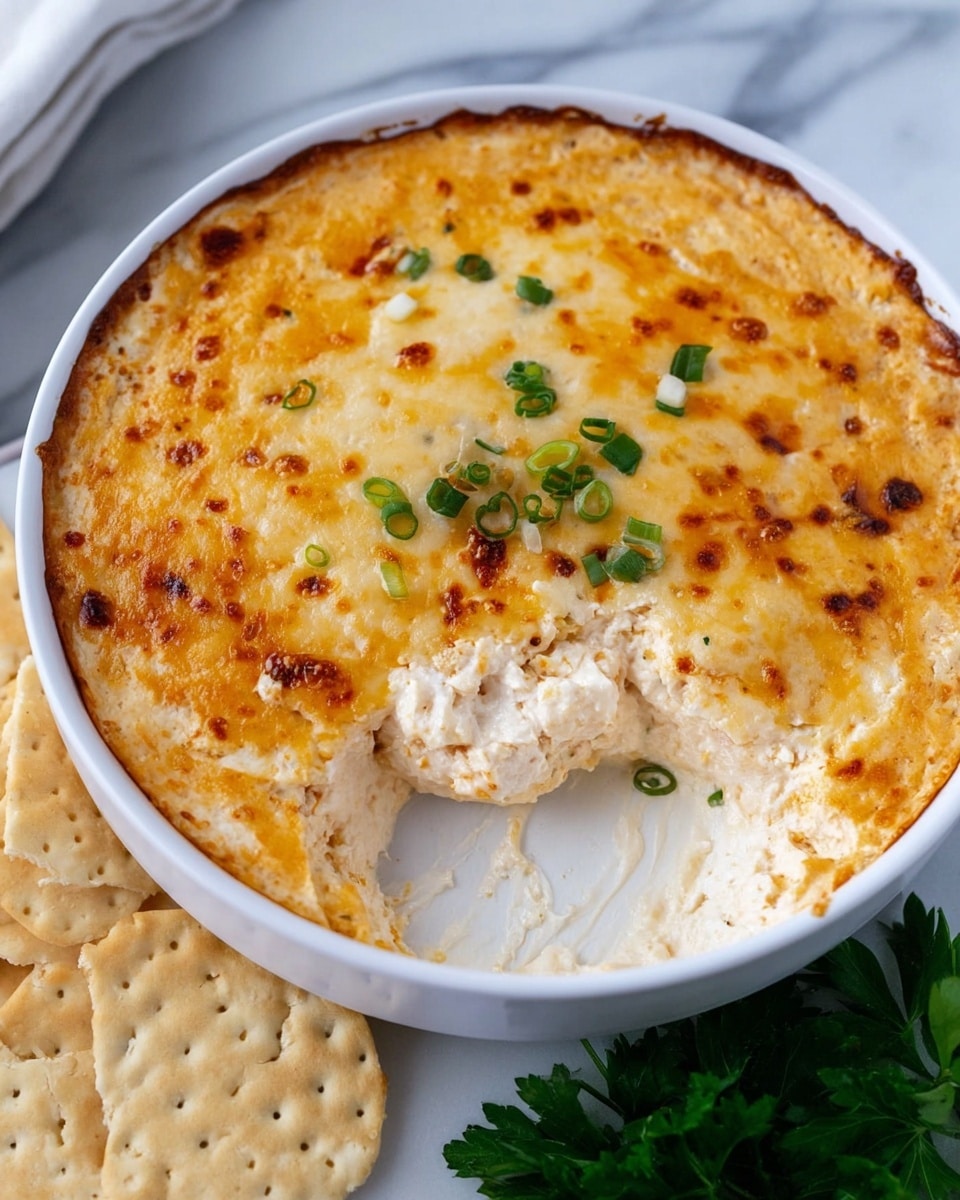 A round white bowl filled with a cheesy dip that has a thick golden-brown crust on top, speckled with small green onion pieces. The top layer is bubbly and melted cheese with a slightly browned texture. A scoop has been taken out from one side, revealing a creamy, white, smooth layer underneath with some melted cheese mixed inside. Two beige crackers are dipped into the creamy part, with a few extra crackers placed next to the bowl on a white marbled surface, along with a sprig of green parsley nearby. Photo taken with an iphone --ar 4:5 --v 7