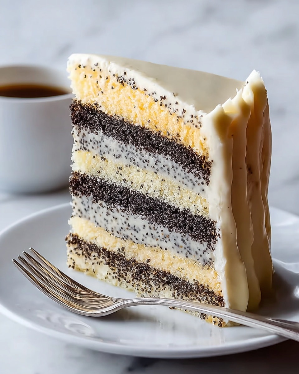 A slice of multi-layered cake sits on a white plate with a silver fork resting on the edge. The cake has seven visible layers, starting from the bottom: a light cream layer with tiny black poppy seeds, a dark chocolate layer, a plain light sponge layer, another dark chocolate layer, a poppy seed cream layer, a chocolate layer again, and a final poppy seed cream layer at the top. The outer frosting is smooth, creamy white, and slightly glossy, evenly covering the slice. The background and surface feature a white marbled texture. photo taken with an iphone --ar 4:5 --v 7