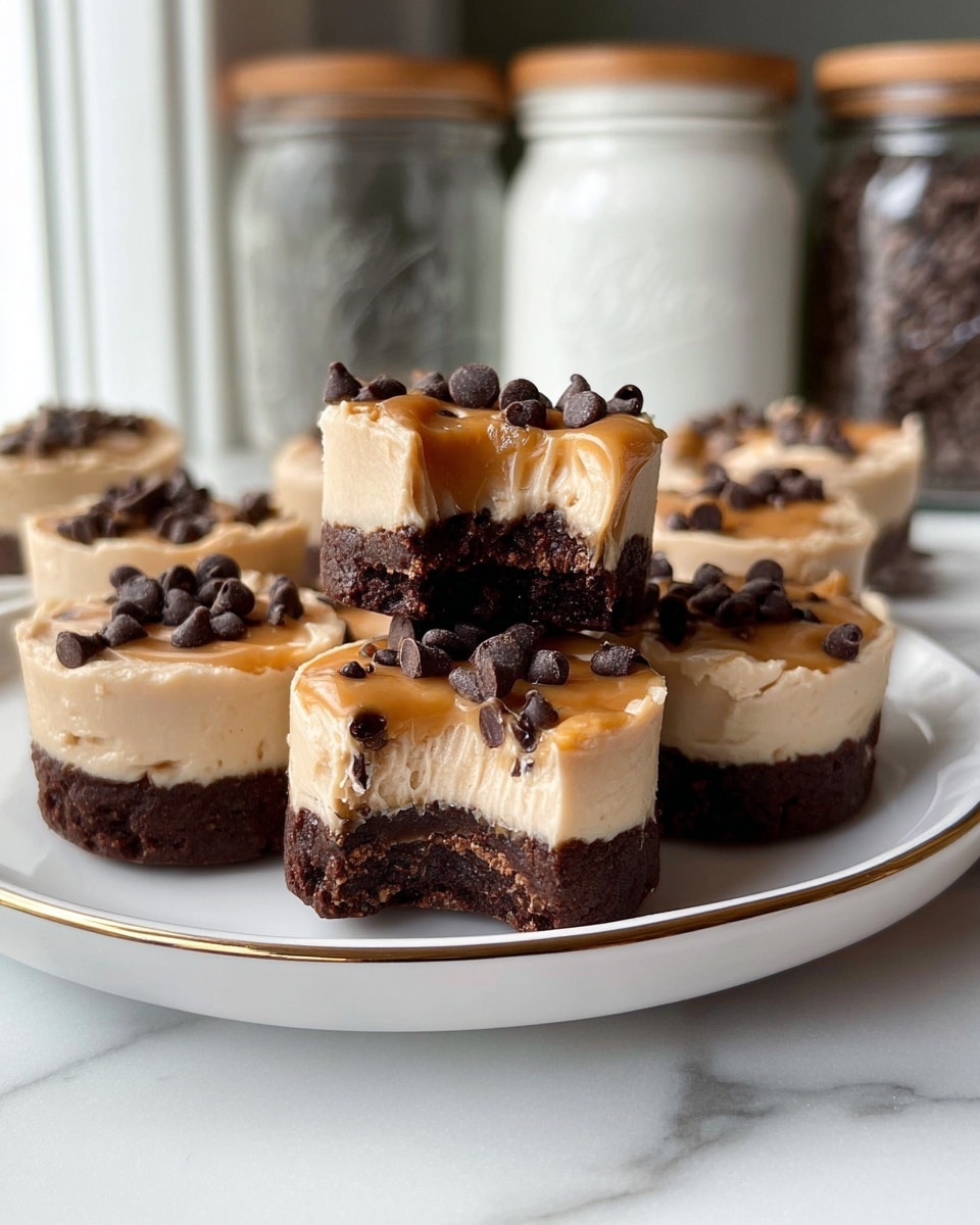 The image shows several mini layered treats on a white plate with a gold rim, placed on a white marbled surface. Each treat has three layers: a thick, dark brown base that looks like a brownie or chocolate crust; a middle layer of creamy light beige frosting with a soft, fluffy texture; and a top layer of light brown caramel sauce sprinkled with small dark chocolate chips. One treat is stacked on another, with the top one bitten to show the creamy and caramel layers inside. The background has large white jars with wooden lids, slightly blurred, giving a cozy kitchen feel. Photo taken with an iphone --ar 4:5 --v 7