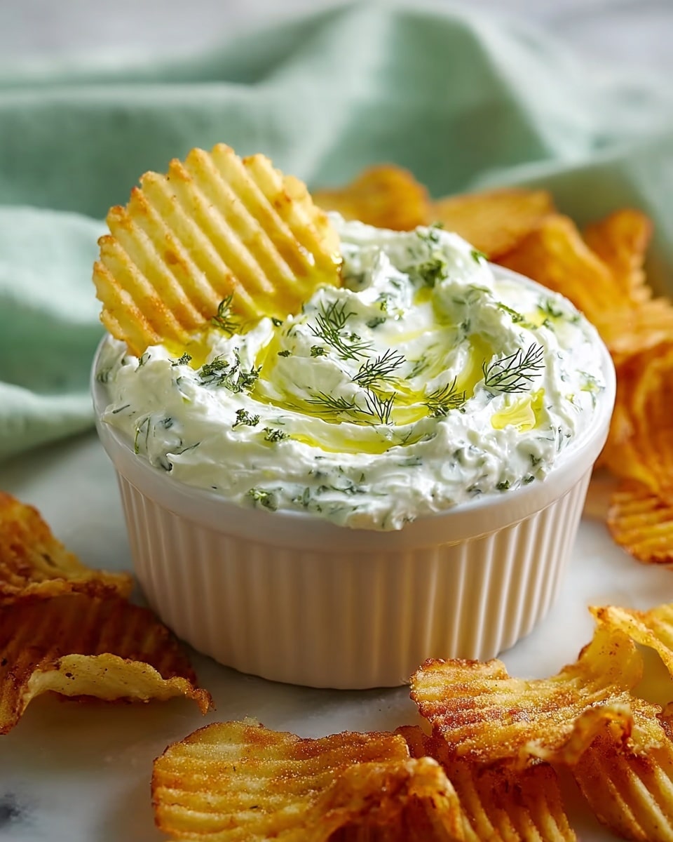 A close-up of a small white ribbed bowl filled with a thick, creamy white dip with visible green herb flakes, topped with a drizzle of olive oil and small sprigs of dill, with a ridged golden potato chip partially dipped into the mixture. Around the bowl, there are more crispy ridged potato chips scattered on a white marbled surface, and a soft, light green cloth is draped beside the bowl. The overall scene is well-lit with soft natural light, emphasizing the textures and colors. photo taken with an iphone --ar 4:5 --v 7