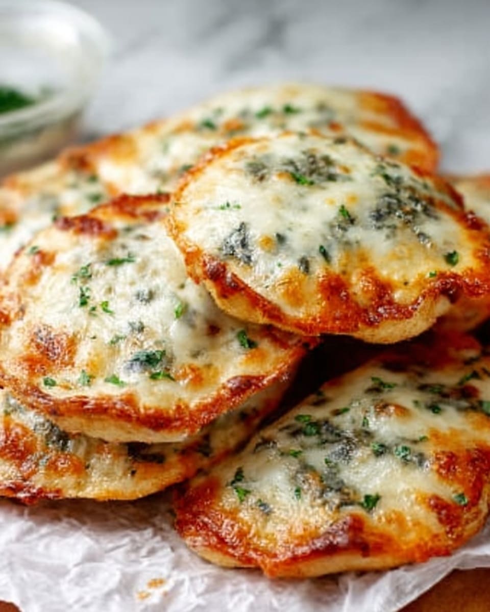 The image shows a stack of small round pizzas on white parchment paper placed over a white marbled surface. Each pizza has two main layers: a golden brown crust at the bottom and a melted cheese topping on top. The cheese is creamy white with some browned spots and sprinkled with finely chopped green herbs, giving a fresh look. The edges of the crust are slightly crispy and uneven, showing a homemade texture. The pizzas are closely stacked, with some slightly overlapping each other. photo taken with an iphone --ar 4:5 --v 7