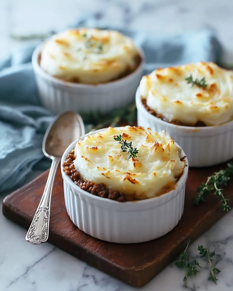 The image shows three small white ramekins filled with a layered dish. Each ramekin has a bottom layer of brown minced meat, topped with a thick layer of creamy mashed potatoes that are slightly browned on top. The mashed potato layer is textured with a few peaks and has a golden, baked crust with small burnt spots. A small sprig of green herbs is placed on the center of the mashed potatoes for garnish. The ramekins are set on a dark wooden board placed on a white marbled surface. A silver old-fashioned fork and a small bunch of herbs are beside the closest ramekin, with a soft blue cloth partially visible under the board. Photo taken with an iphone --ar 4:5 --v 7
