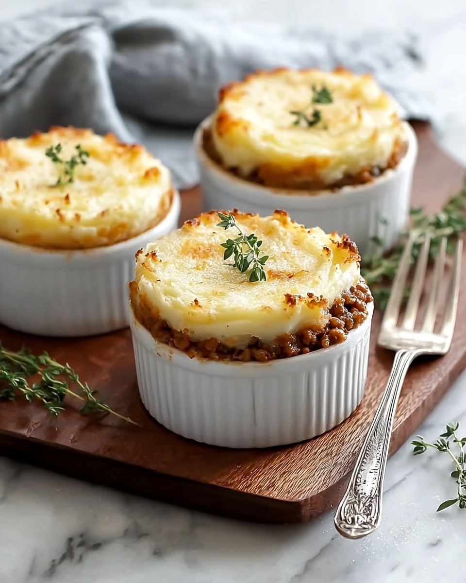 The dish shows three small white ramekins each filled with two layers: the bottom layer is a brown meat mixture with a chunky texture, and the top layer is a smooth mashed potato topping with a golden-brown crust and a few browned edges. A small sprig of fresh green herb is placed on top of each mashed potato layer. The ramekins sit on a dark wooden board, which rests on a white marbled surface, alongside a silver fork with detailed engravings and some green herb sprigs, with a soft gray cloth partially visible in the background. photo taken with an iphone --ar 4:5 --v 7