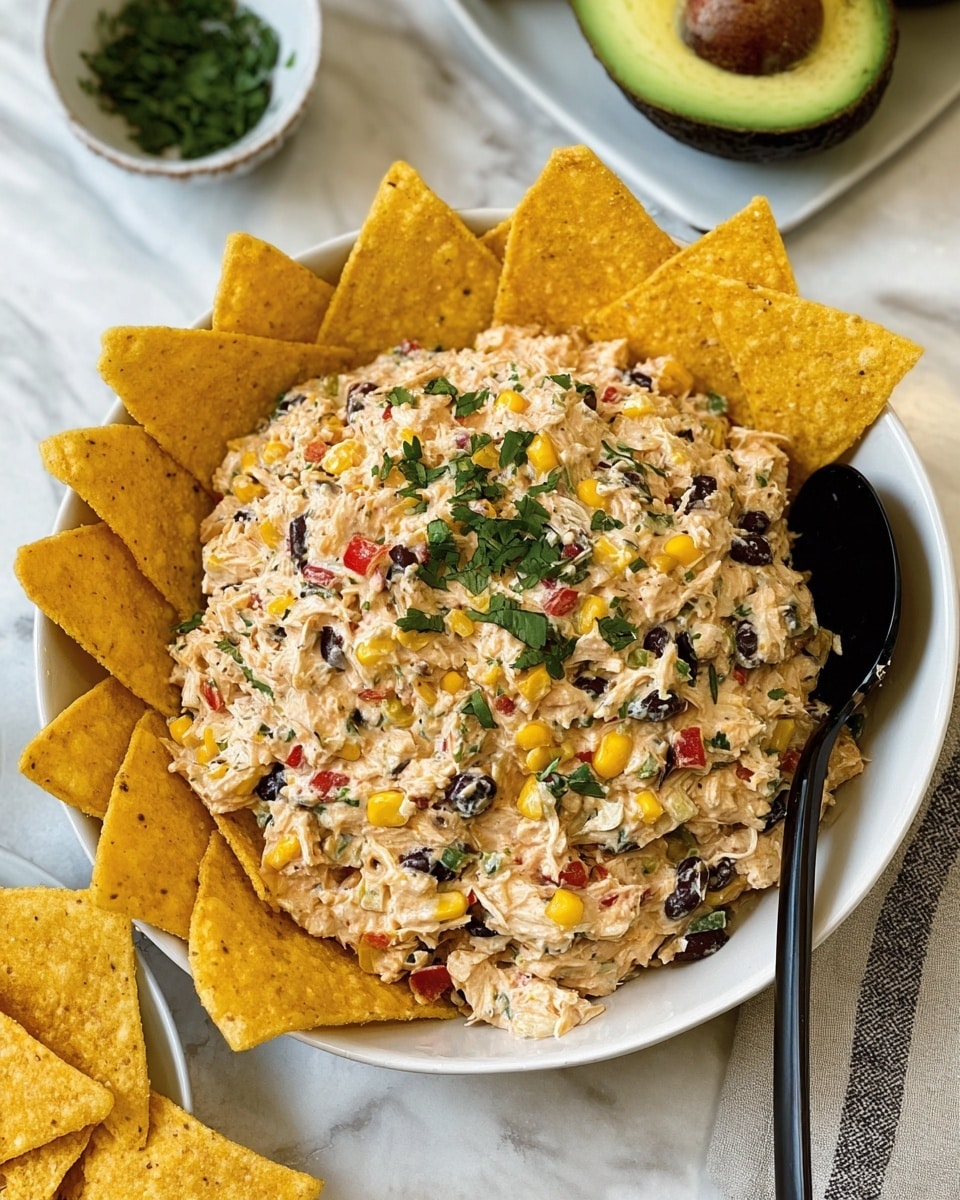 A white bowl filled with a creamy five-layer dip made of mixed shredded chicken, black beans, yellow corn, and diced red bell peppers, all blended together with a creamy texture and lightly sprinkled with chopped green cilantro on top; the dip is arranged in a mound at the center of the bowl, surrounded by triangular golden-yellow tortilla chips standing upright around the edge, with a black spoon resting on one side inside the bowl, all set on a white marbled texture surface with half a sliced avocado and a small white bowl of chopped herbs in the background. photo taken with an iphone --ar 4:5 --v 7