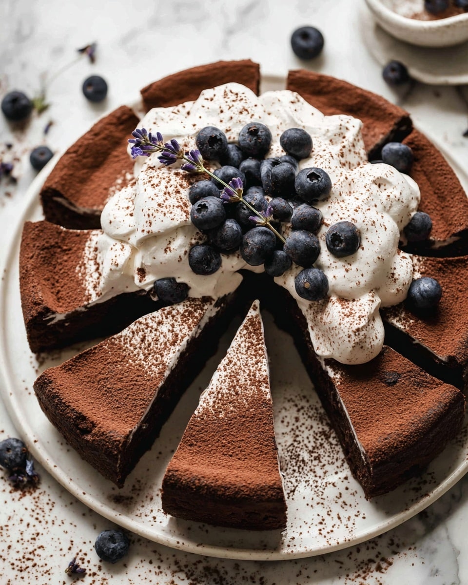 A round chocolate cake sliced into eight thick pieces arranged in a circle on a white plate, each piece showing a rich, dark brown crumb with a slightly cracked top. In the middle, there is a generous layer of white whipped cream dollops sprinkled lightly with cocoa powder, topped with a handful of fresh, plump blueberries and a small lavender sprig. The surface beneath the plate shows a few scattered crumbs and blueberries on a white marbled texture. Photo taken with an iphone --ar 4:5 --v 7