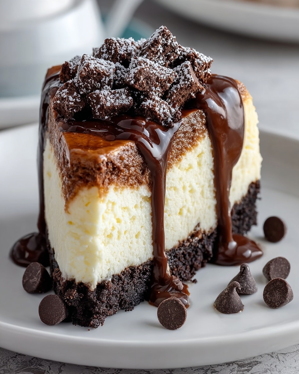 A thick slice of cheesecake with three clear layers sits on a white plate over a white marbled texture. The bottom layer is dark and crumbly like a chocolate cookie crust. The middle layer is creamy white cheesecake, soft and smooth. The top layer is a lighter brown with a baked finish. On top of the slice, shiny dark chocolate sauce drips slowly down the sides. The chocolate sauce is topped with a pile of small, dark chocolate pieces dusted lightly with powdered sugar. Several loose dark chocolate chips are scattered around the plate near the slice. Photo taken with an iphone --ar 4:5 --v 7