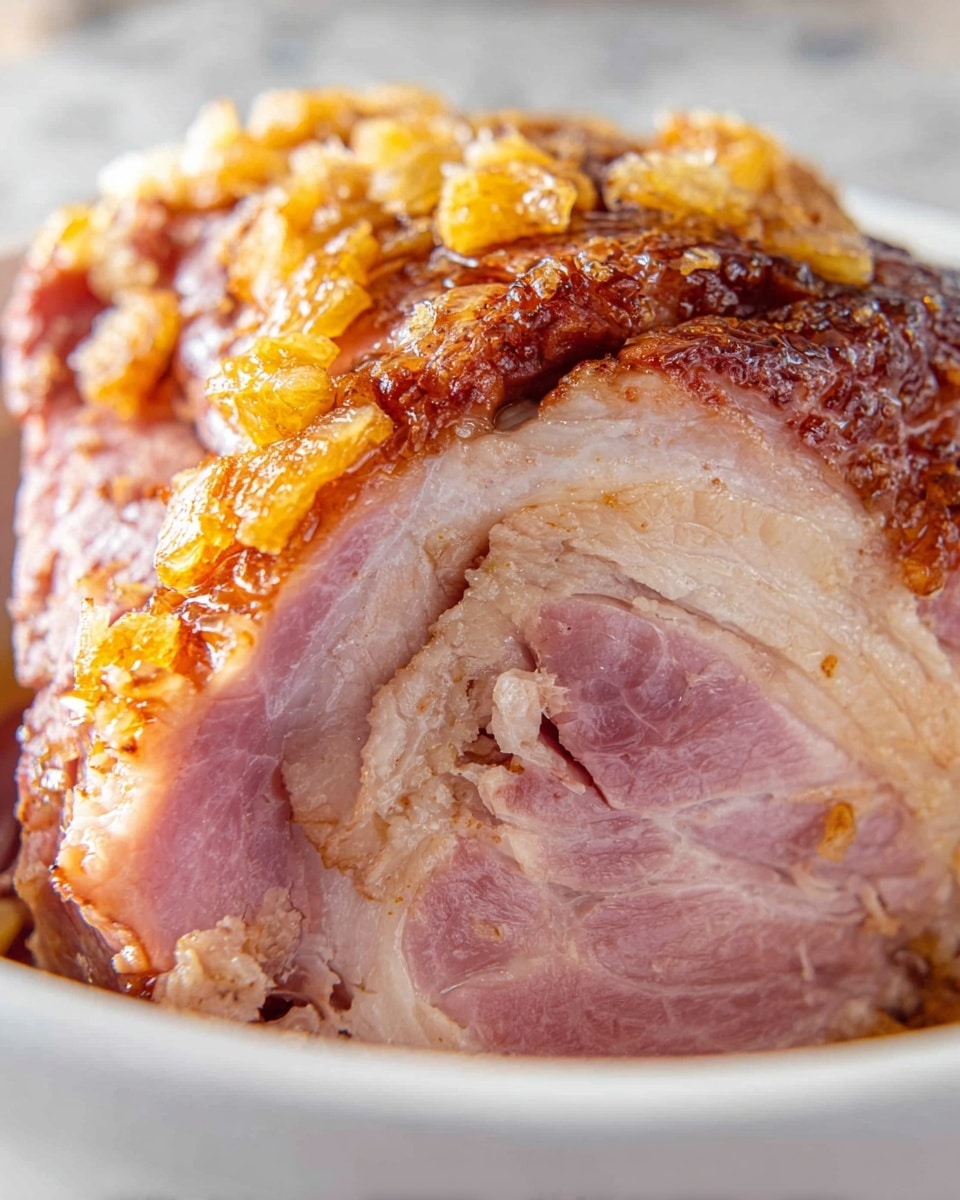 A close-up view of a cooked ham slice placed in a white bowl, showing three layers: the first bottom layer is the pale pink and juicy inside of the ham with a visible bone ring; above that is a light brown cooked section with a slightly rough texture; the top layer is a crispy, caramelized coating with small chunks of golden-brown and yellowish baked glaze and bits of pineapple on the surface. The white bowl sits on a white marbled texture. photo taken with an iphone --ar 4:5 --v 7