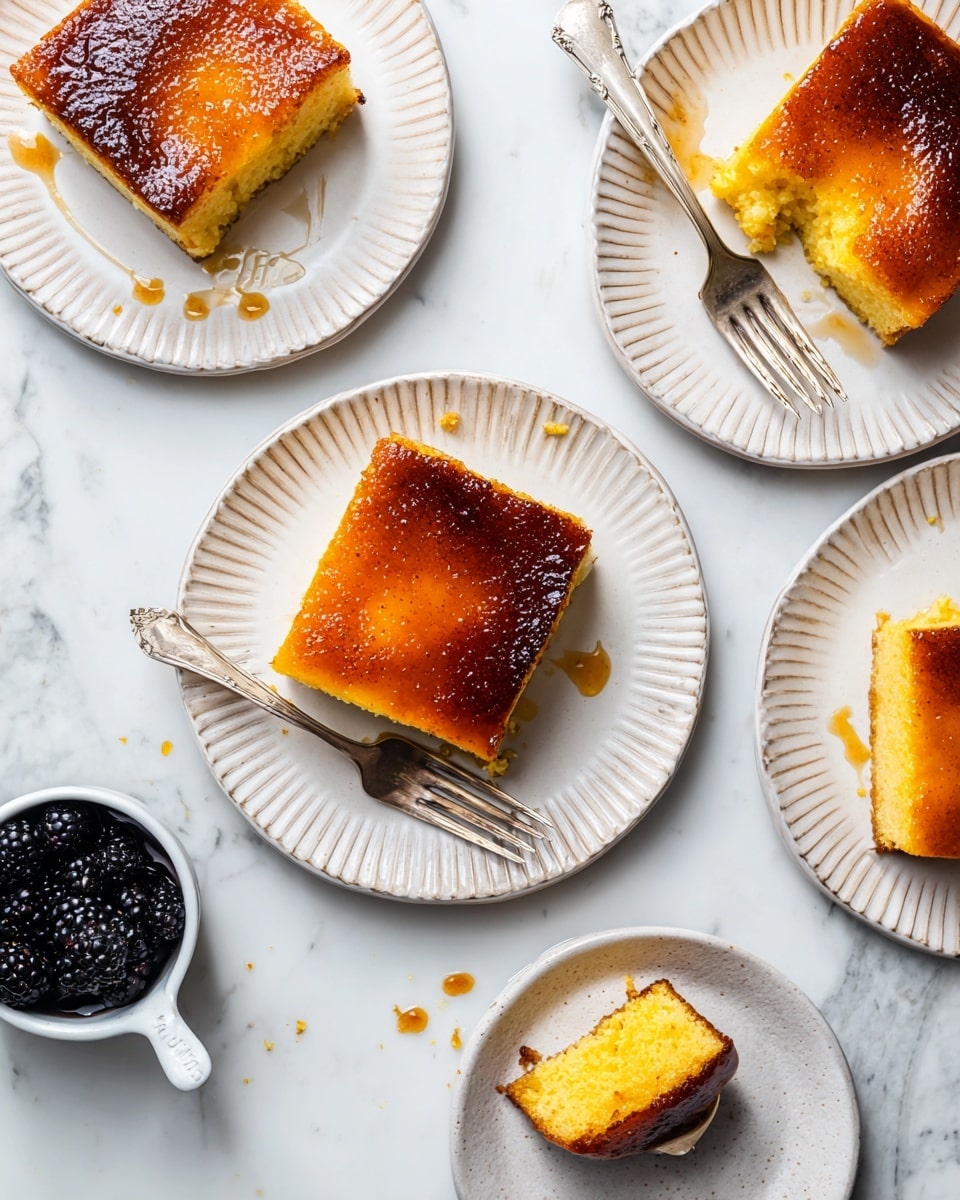 Four square pieces of a golden brown baked dessert are placed on four white round plates with ridged edges, each plate holding one piece. The dessert has a slightly shiny, crispy top layer with a soft, yellow inner layer visible where a fork or spoon has broken through the sides. Two plates have silver forks resting on them, one plate has a silver spoon lifting a bite-sized piece. To the left of the plates, there is a small white measuring cup filled with dark frozen blackberries. The background is a clean, white marbled surface with some scattered crumbs around the plates. Photo taken with an iphone --ar 4:5 --v 7