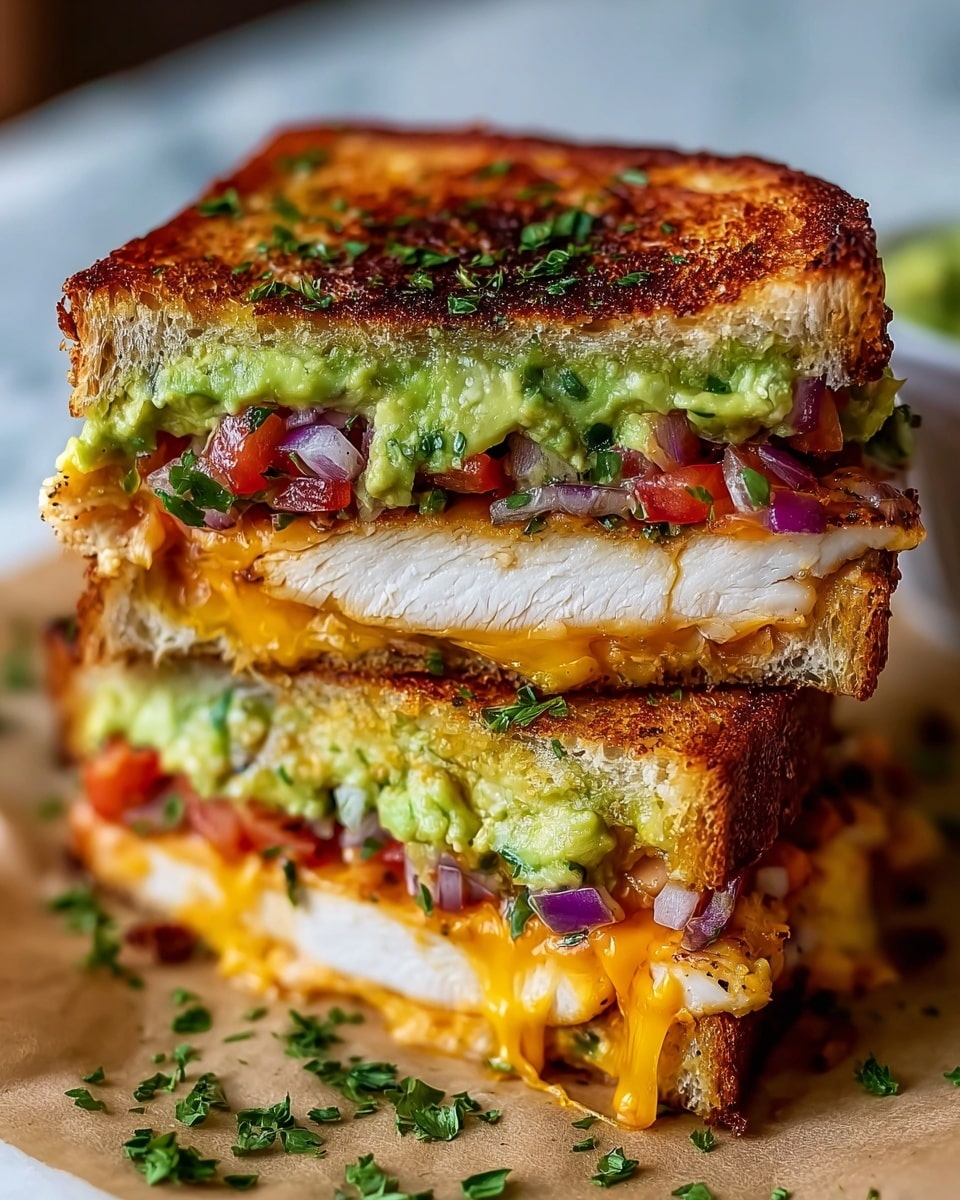 The image shows a close-up of a juicy sandwich cut in half and stacked. It has three layers of golden brown toasted bread that look crispy. The first layer inside the sandwich is grilled white chicken breast with a slightly charred texture, followed by melted yellow cheddar cheese oozing out. Above this is a layer of diced red onions and red tomatoes mixed with bright green guacamole spread, all topped with finely chopped green herbs scattered on the sandwich and around it. The sandwich sits on parchment paper with a white marbled surface underneath. Photo taken with an iphone --ar 4:5 --v 7