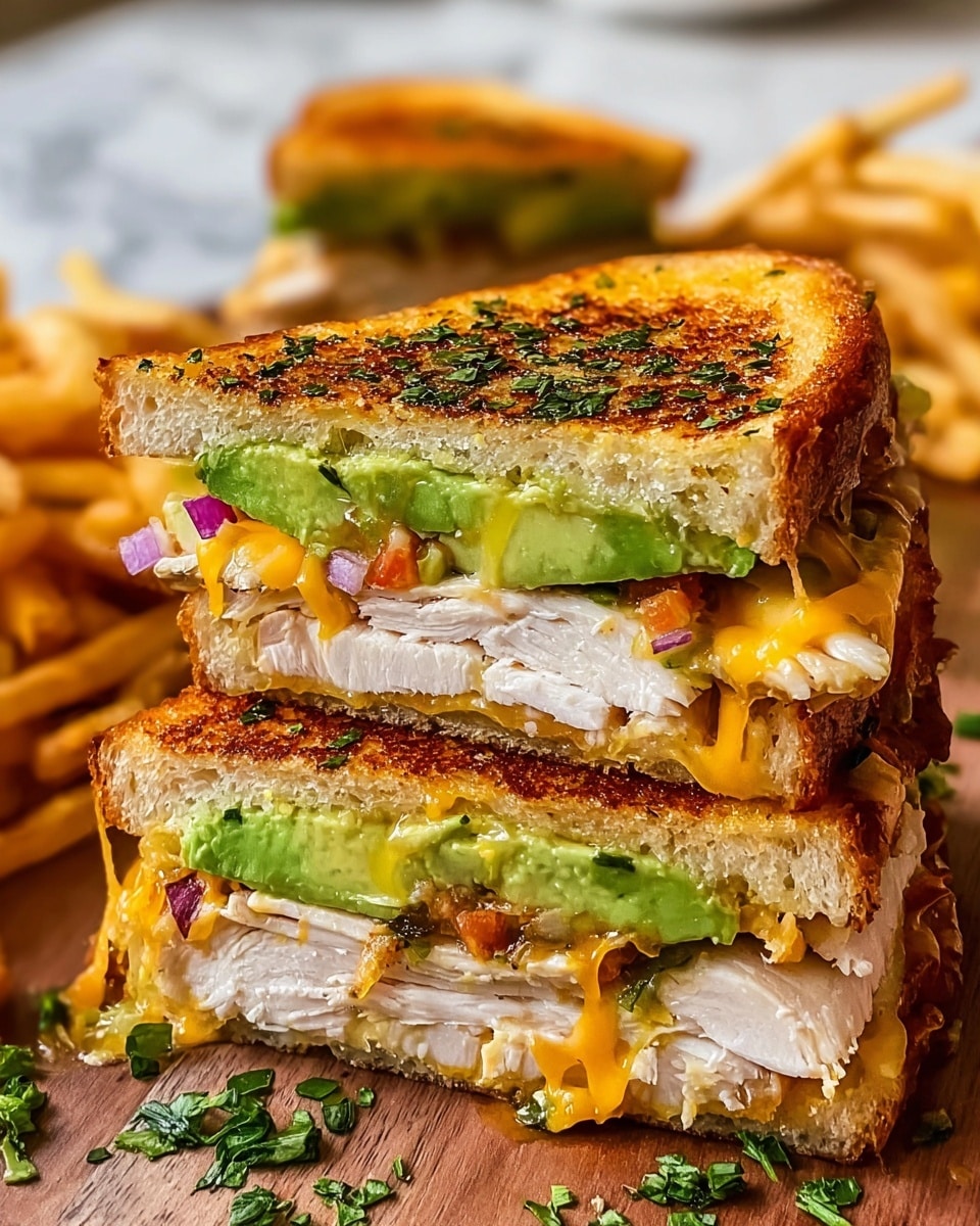 A toasted sandwich cut in half, stacked one half on top of the other, showing multiple layers: a top layer of golden-brown crispy bread with green herbs sprinkled on it; below that, bright green slices of avocado; thick white slices of grilled chicken with some browned edges; melted yellow cheddar cheese mixed with chopped red onions and small bits of tomato; another layer of avocado and melted cheese on the bottom, all held together by the toasted bread. The sandwich is on a wooden board with chopped green herbs around it, and in the blurred background, some golden fries and another sandwich can be seen. The setting is on a white marbled texture. photo taken with an iphone --ar 4:5 --v 7