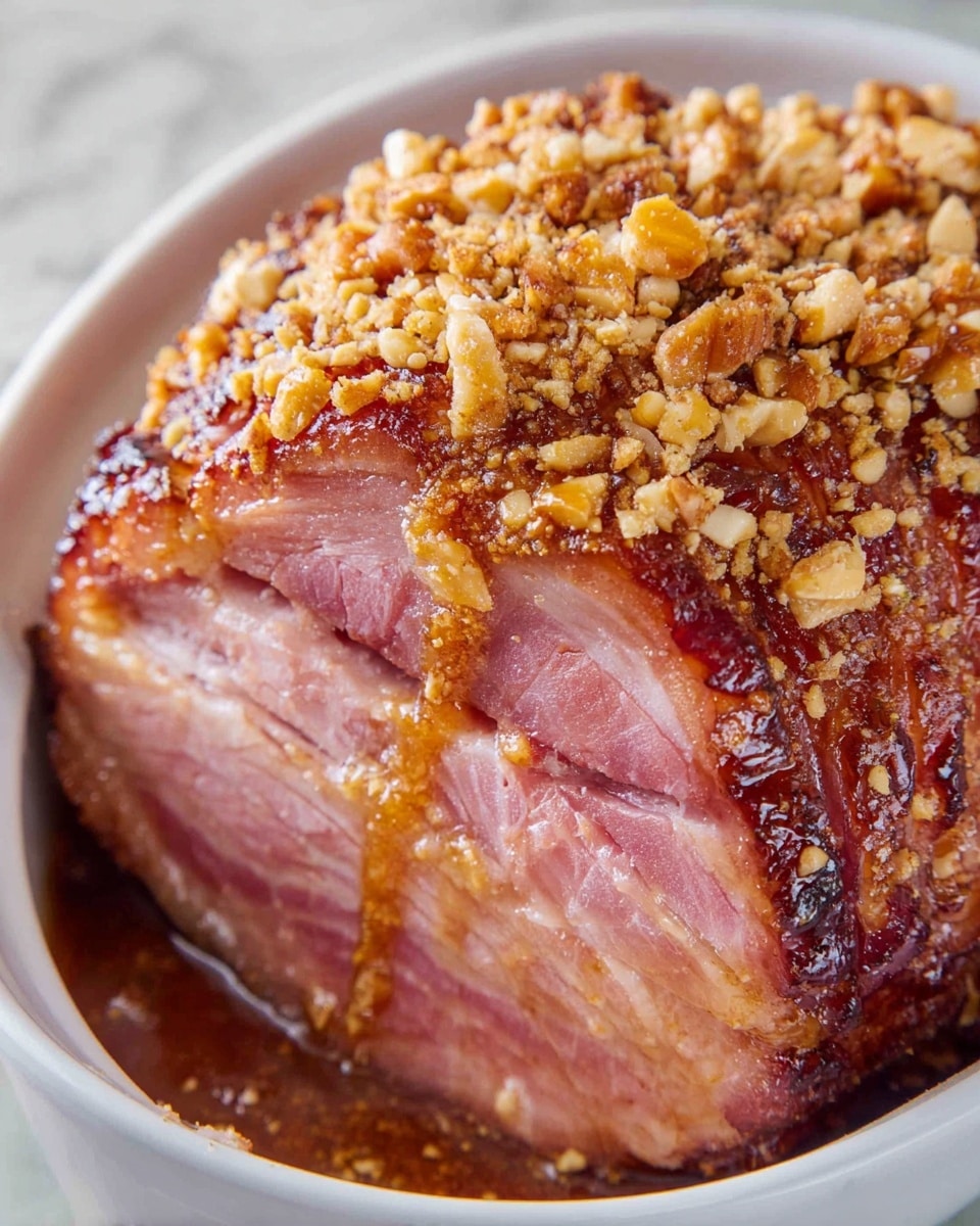 The dish shows a close-up of a sliced ham with a crispy crust on top, covered in pieces of golden brown crushed nuts and a sticky glaze that drips down slightly. The ham has a rich pink color inside with visible grill marks under the glaze and nut topping. It sits inside a white bowl, resting on a white marbled surface, and the layers of the ham slice are thick and juicy, with a textured, crunchy layer of nuts and glaze on top. Photo taken with an iphone --ar 4:5 --v 7
