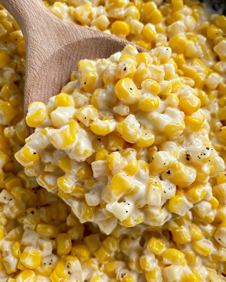 This close-up image shows a wooden spoon scooping creamy corn from a large amount of corn kernels. The corn is a mix of bright yellow and pale white kernels, coated evenly in a thick, smooth creamy sauce with a shiny texture. Small black pepper specks are scattered across the creamy corn, adding slight contrast to the overall yellow and white mix. The background is a white marbled texture that softens the image without drawing attention from the creamy corn. photo taken with an iphone --ar 4:5 --v 7