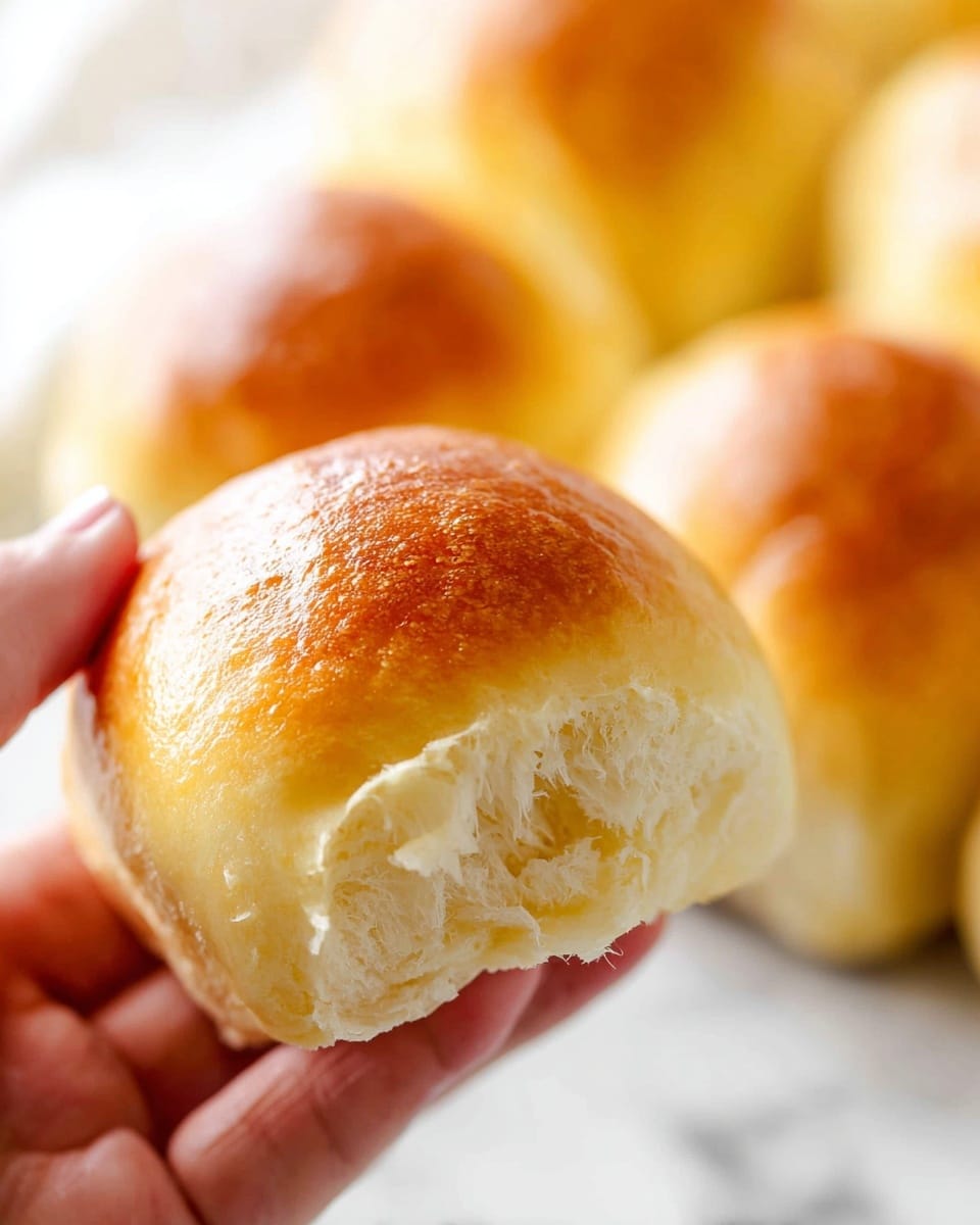 A close-up of a golden-brown soft bread roll with a smooth and slightly shiny crust, held between the thumb and fingers of a woman's hand in the lower left corner, showing a tear that reveals the fluffy, light, and airy inside of the roll. In the blurred background, there are several other similar bread rolls with the same warm golden tones resting on a white marbled surface. Photo taken with an iphone --ar 4:5 --v 7