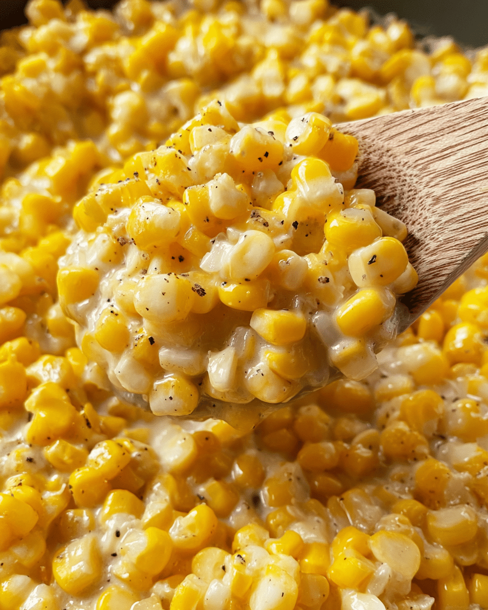 A close-up of creamy corn in a pan, showing bright yellow and pale white corn kernels mixed evenly with a smooth, glossy sauce, speckled lightly with black pepper. A wooden spoon lifts a heap of the cheesy, buttery corn, revealing the tender, juicy texture of each kernel. The background is filled with more of the corn mixture, with soft light highlighting the moist and rich surface. photo taken with an iphone --ar 4:5 --v 7