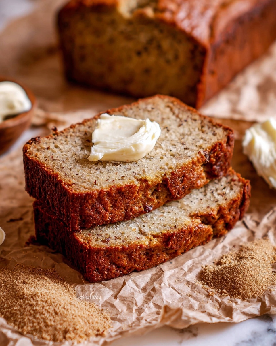 The image shows two slices of banana bread stacked on crinkled brown paper, with a thick golden-brown crust that looks crunchy and textured. The inside of the bread is light brown, moist, and has small dark specks throughout. On top of the upper slice, there is a dollop of smooth, creamy white butter. In the background, a large loaf of banana bread with the same texture and color is visible. There are small piles of brown sugar and a dusting of cinnamon on the brown paper around the bread, with a white marbled surface underneath. photo taken with an iphone --ar 4:5 --v 7