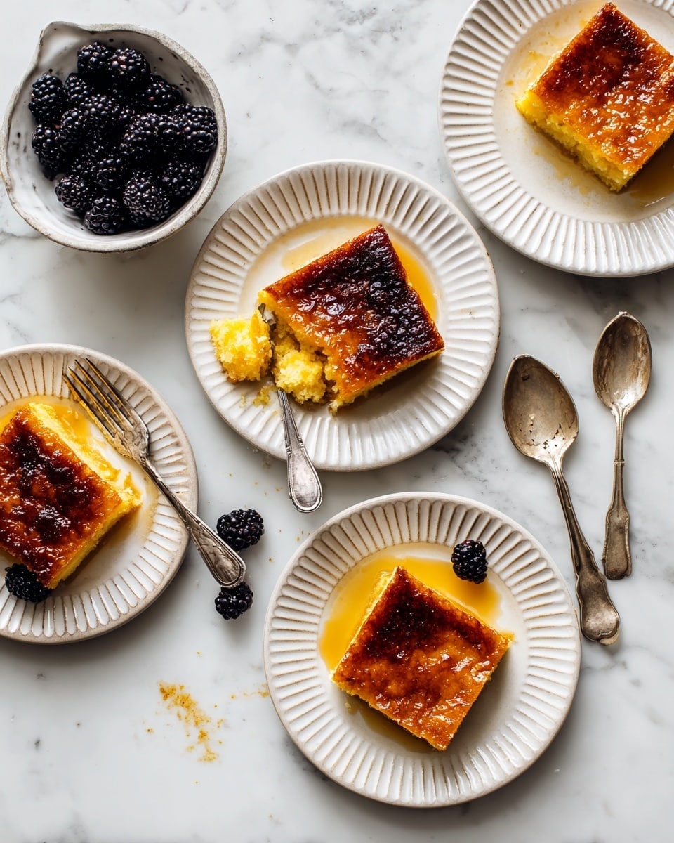 A close-up image shows several square pieces of a dessert with two visible layers: a golden brown crumbly base and a lighter, slightly glossy top layer with a textured surface, placed on white plates with silver forks beside the dessert. To the left, there is a small metal bowl filled with dark purple berries and the setting is on a white marbled surface with a blurred white background and a green plant in the distance. photo taken with an iphone --ar 4:5 --v 7